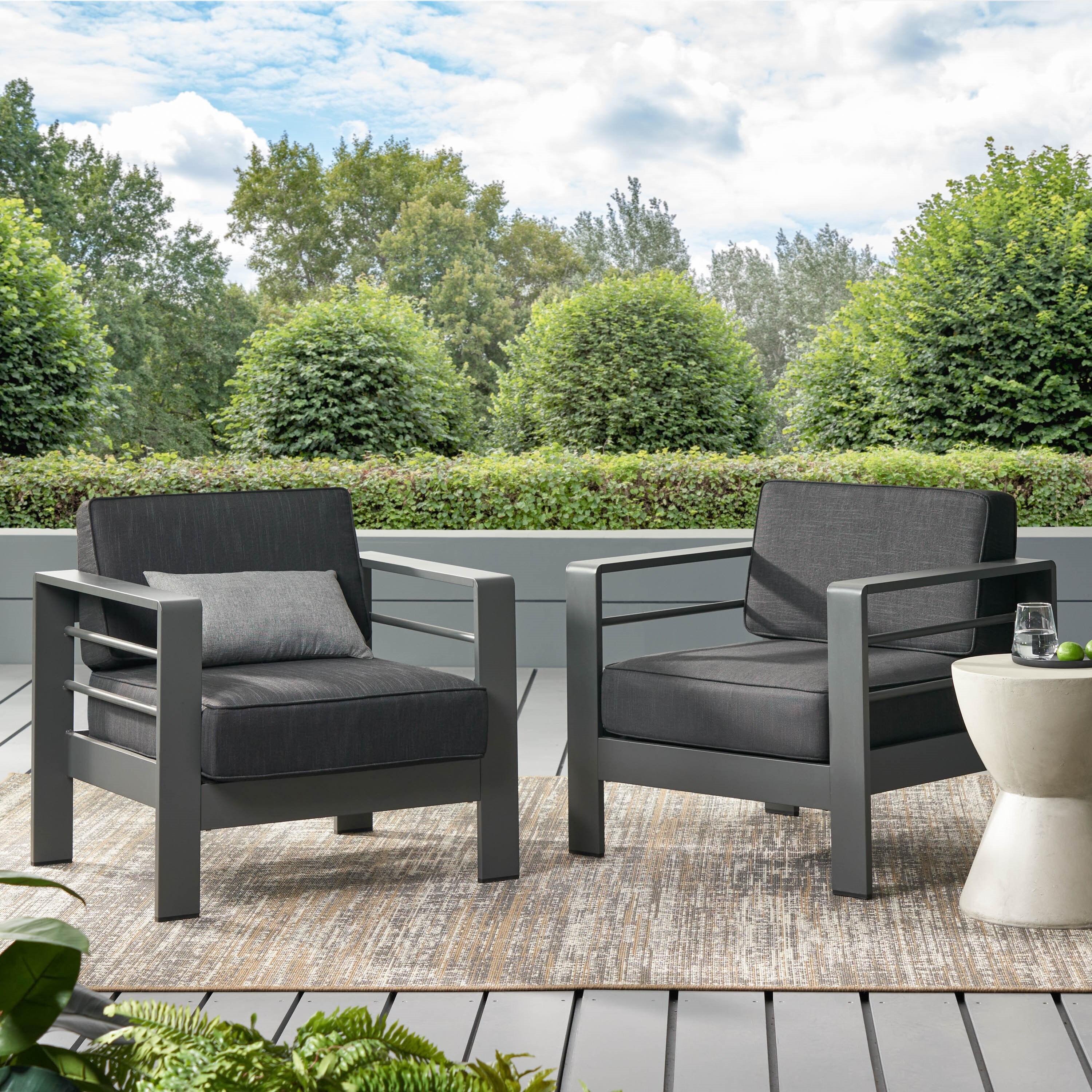 Grady Outdoor Aluminum Club Chairs with Water Resistant Cushions, Set of 2, Grey, Dark Grey
