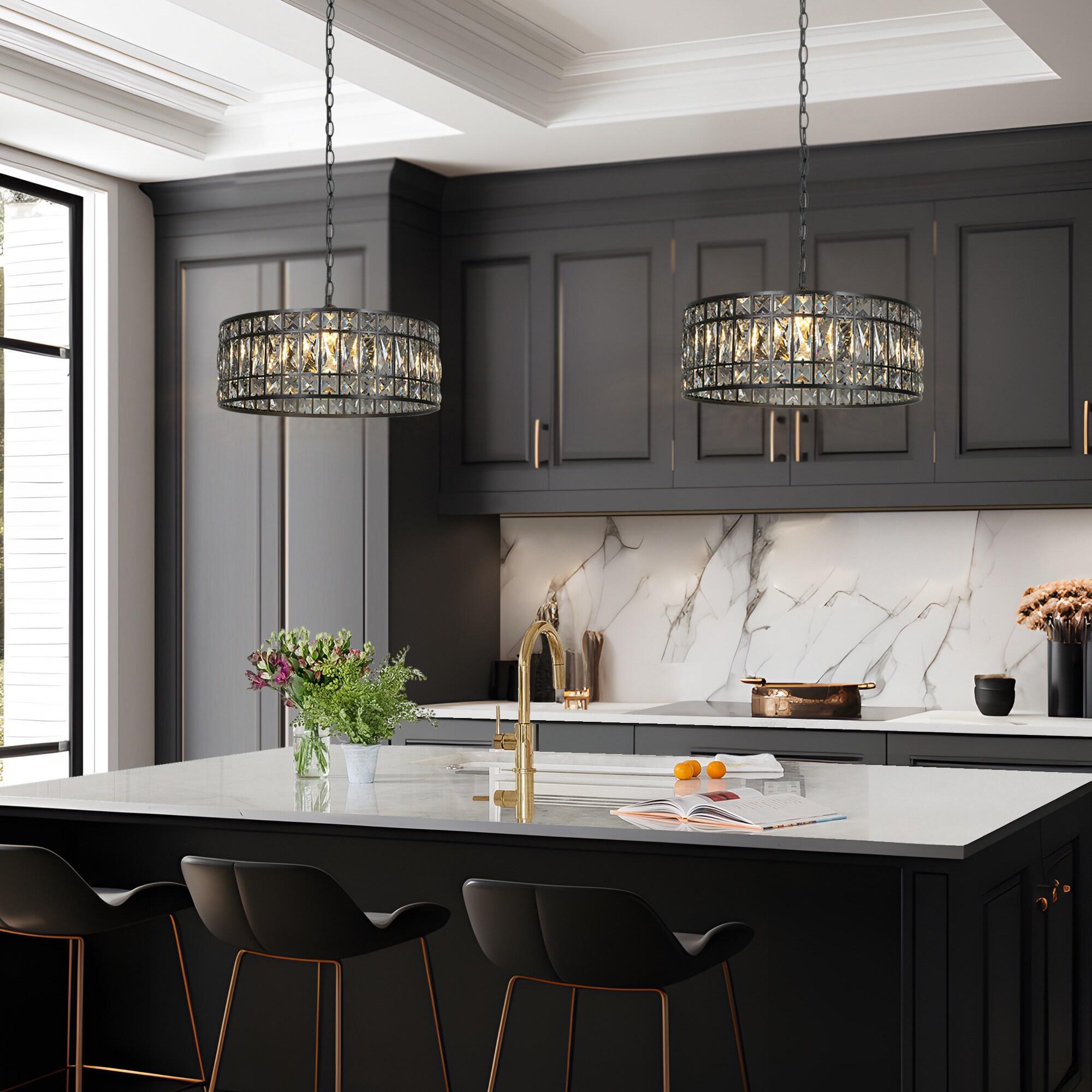 LNC Chispa 3-Light Matte Black Drum LED Dry Rated Chandelier: UL Listed, Adjustable Height, Crystal Decor