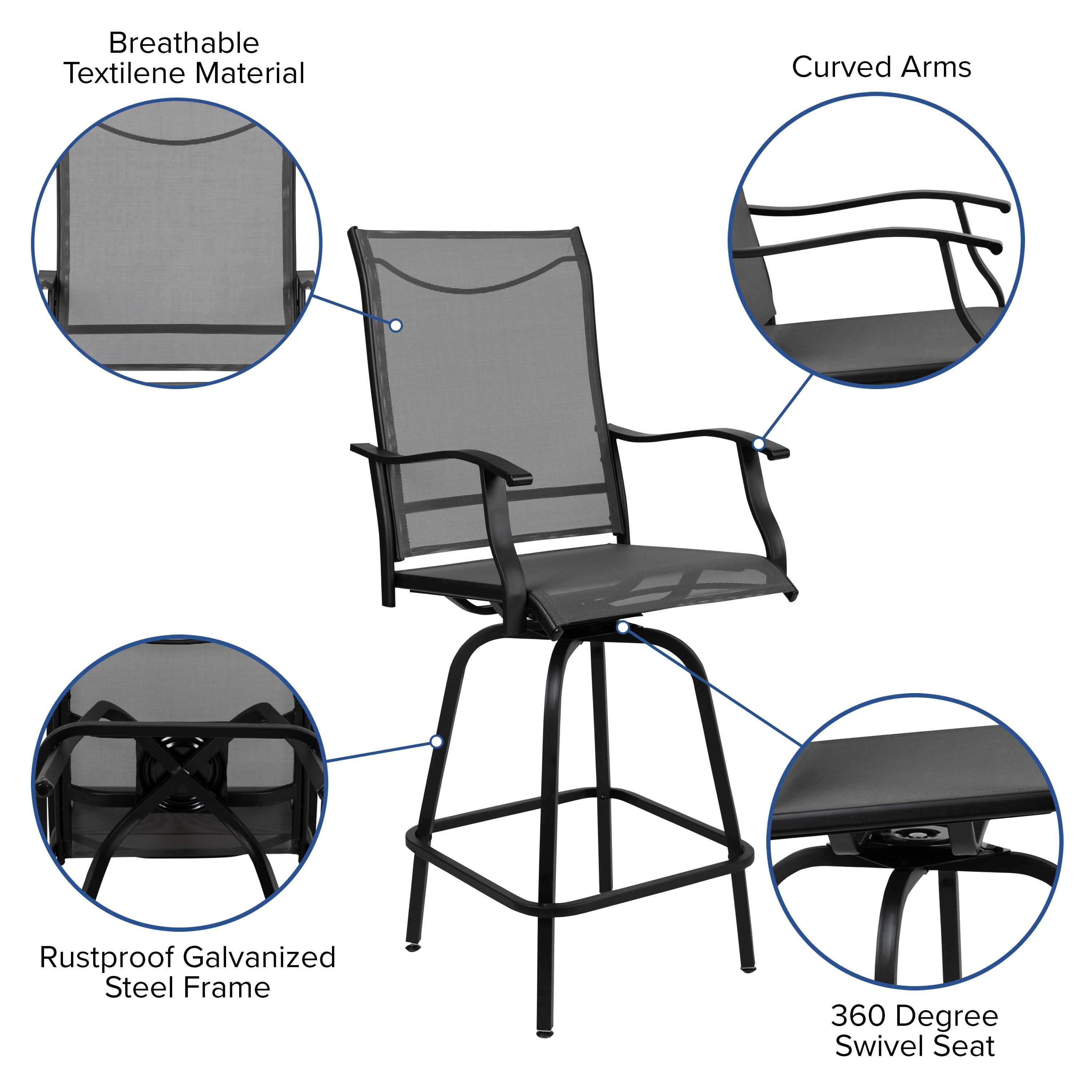 Flash Furniture Patio Bar Height Stools Set of 2, All-Weather Textilene Swivel Patio Stools and Deck Chairs with High Back & Armrests in Gray