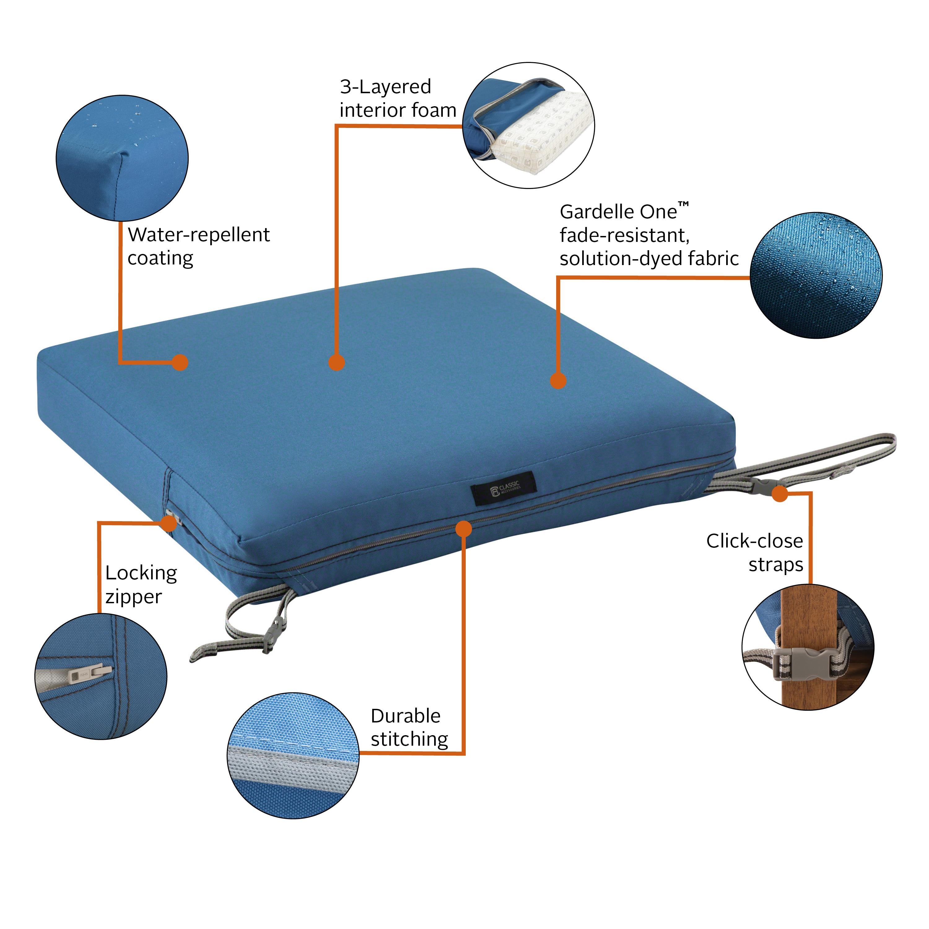 19" x 19" x 3" Ravenna Water-Resistant Patio Seat Cushion Empire Blue - Classic Accessories: Removable Polyester Cover, Zippered