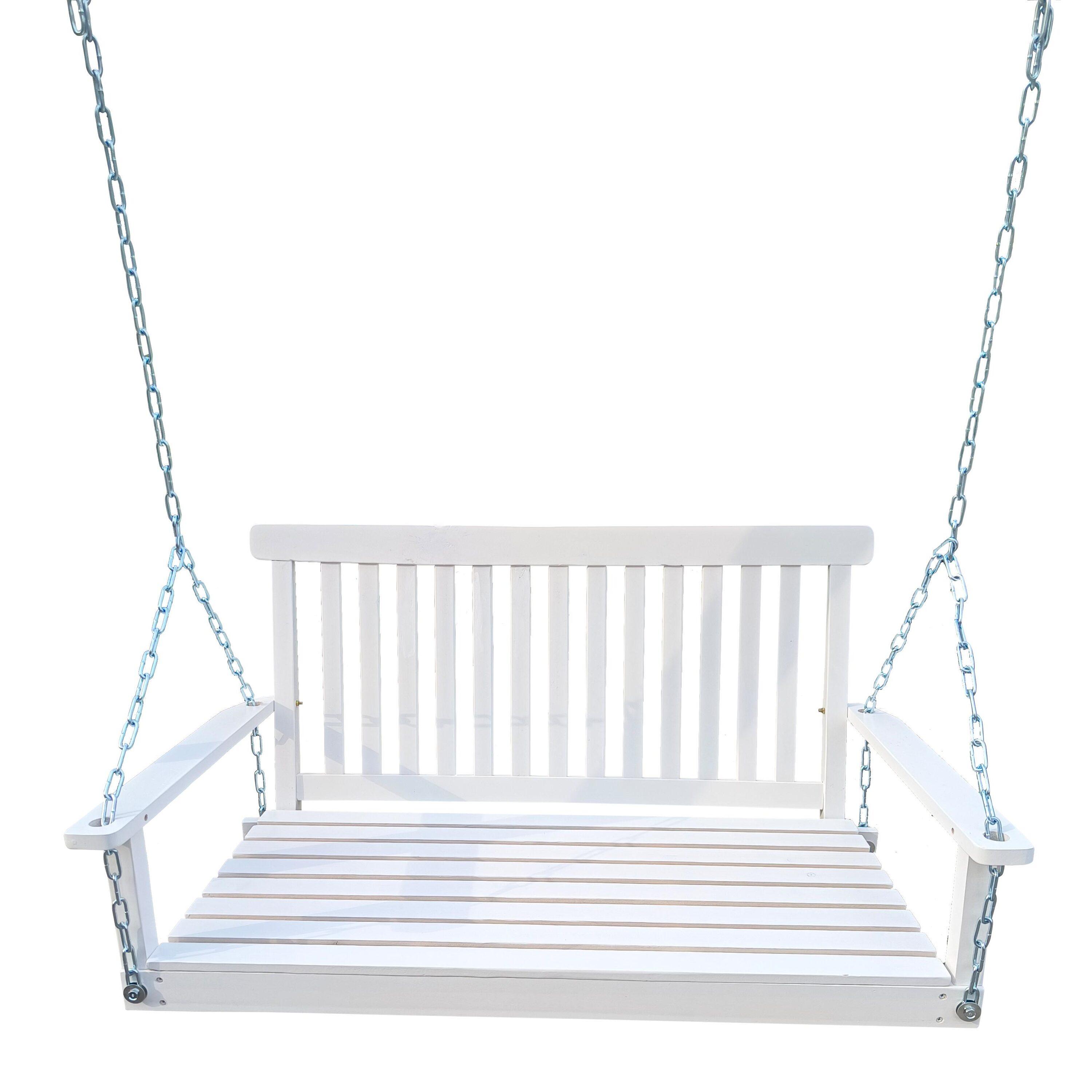 Front Porch Swing with Armrests, Outdoor Patio All-Weather Wooden Bench Swing with Hanging Chains, 3-Seater Swing Seat, Wooden Tree Swing for Outdoor Garden Yard backyard, 800 lb Weight Capacity White