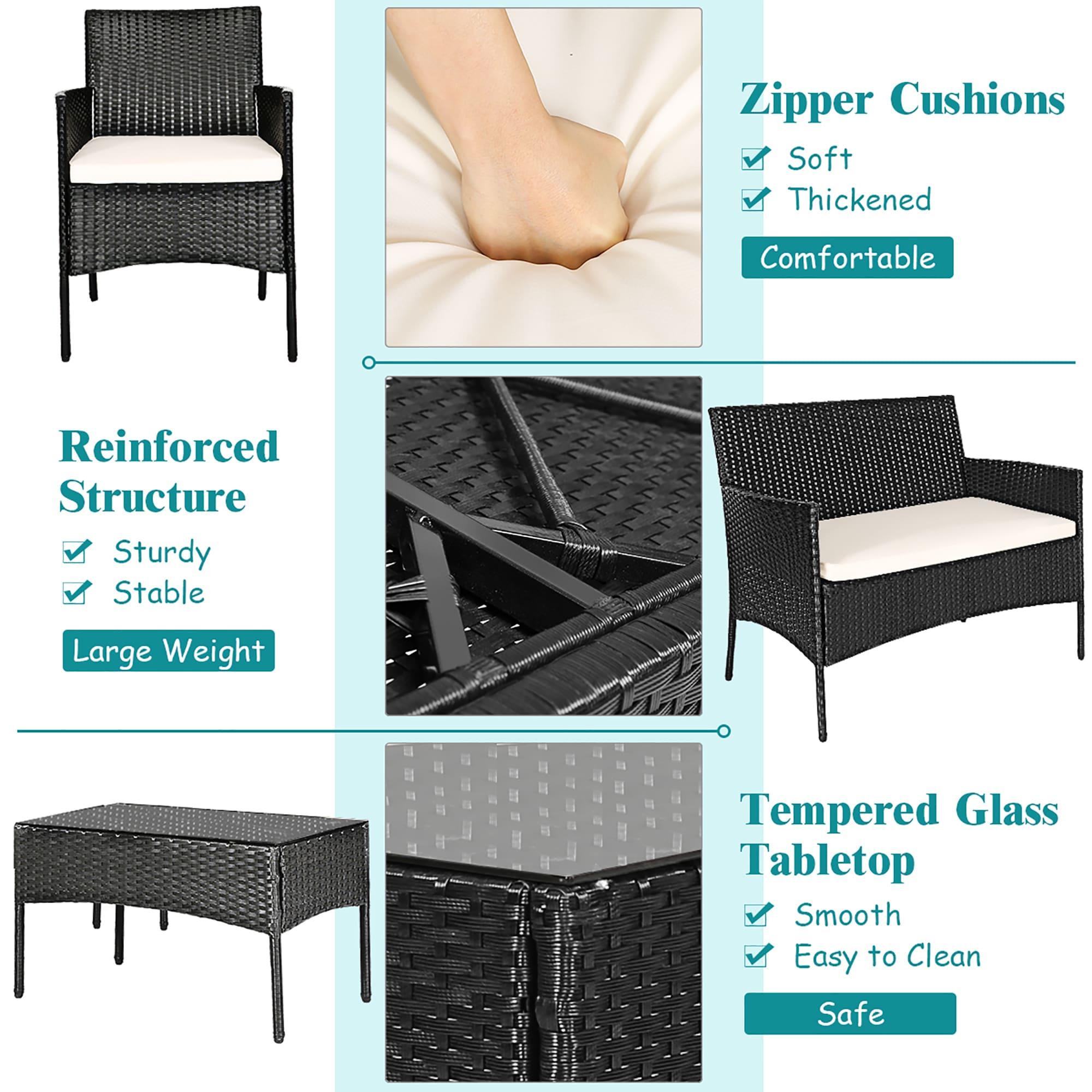 Costway 4PCS Patio Rattan Furniture Set Cushioned Sofa Coffee Table Backyard Porch White