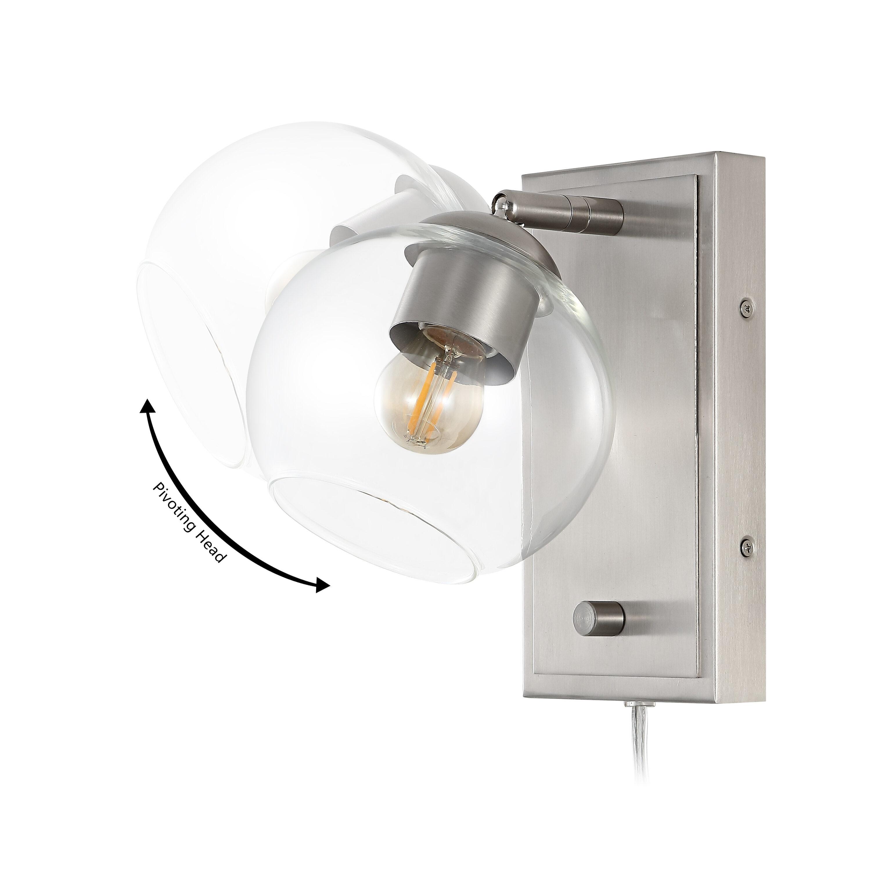 Hugo 6" 1-Light Minimalist Modern Plug-In or Hardwired Adjustable Iron LED Wall Sconce with Rotary Dimmer, Nickel with Clear Globe