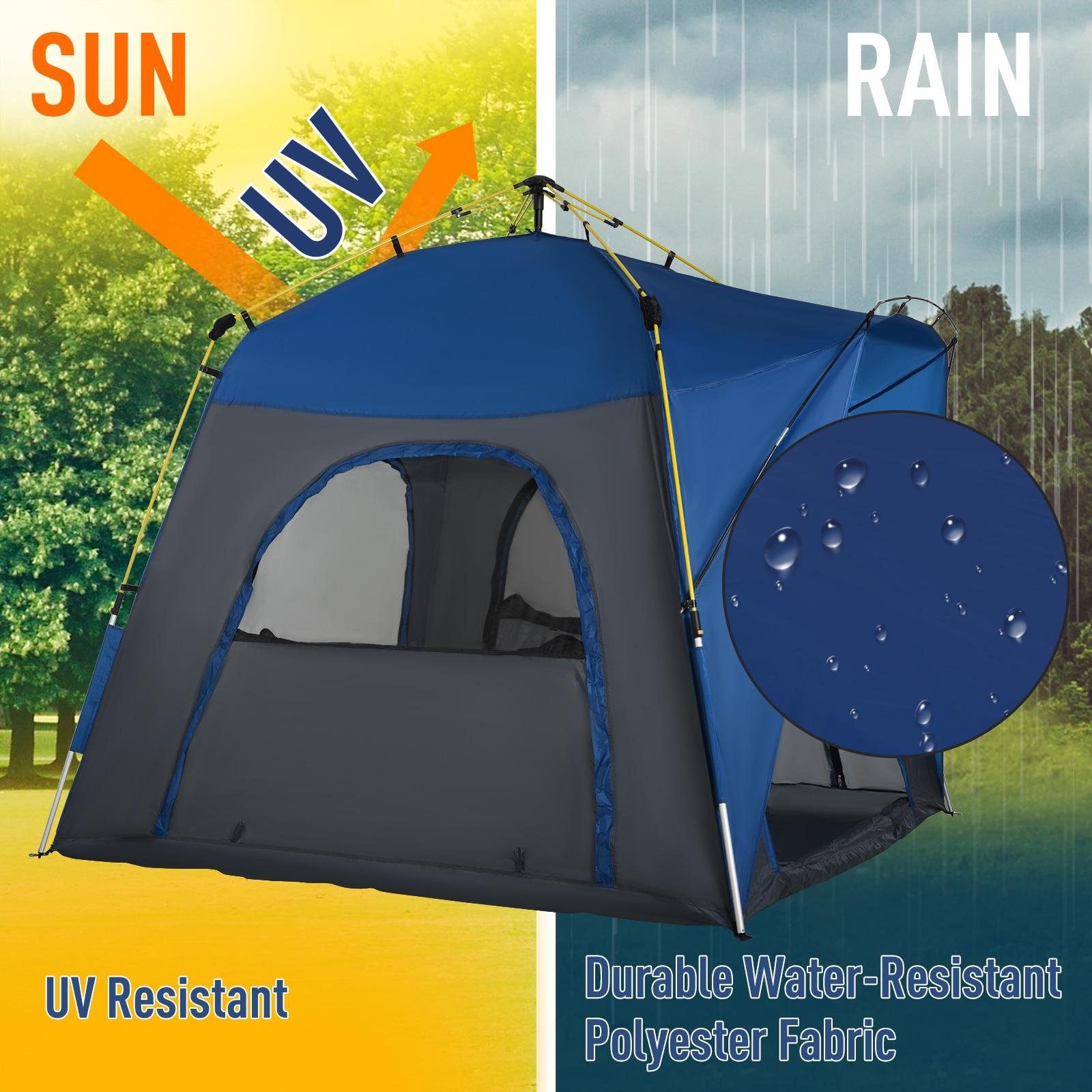Outsunny Camping Tents 4 Person Pop Up Tent Quick Setup Automatic Hydraulic Family Travel Tent w/ Windows, Doors Carry Bag Included, Blue