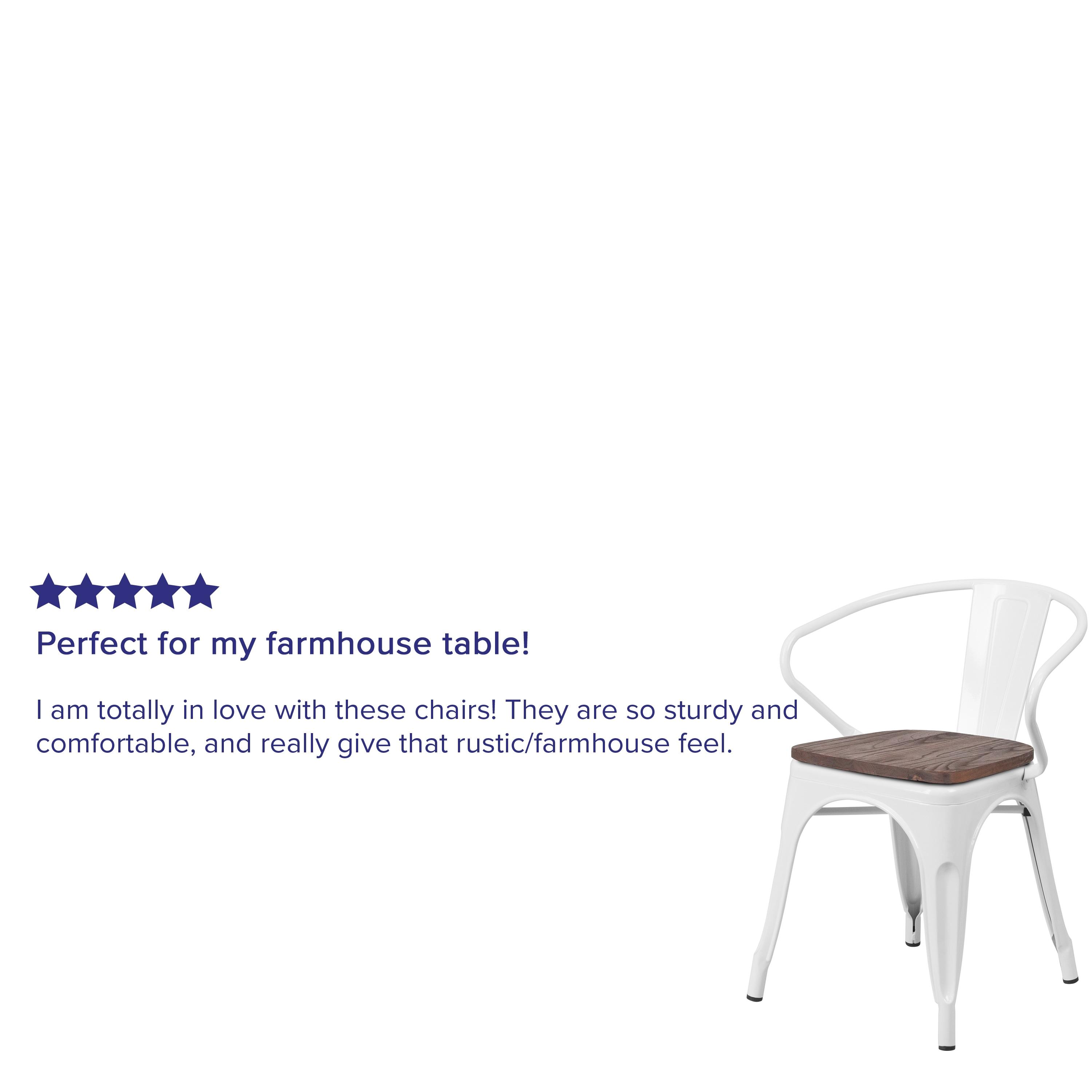Flash Furniture White Metal Chair with Wood Seat and Arms