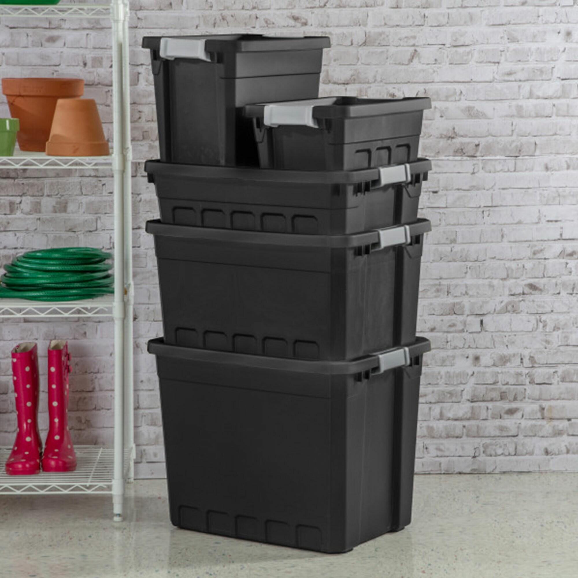 Sterilite 19 Gallon Plastic Stacker Tote, Heavy Duty Lidded Storage Bin Container for Stackable Garage and Basement Organization, Black, 12-Pack