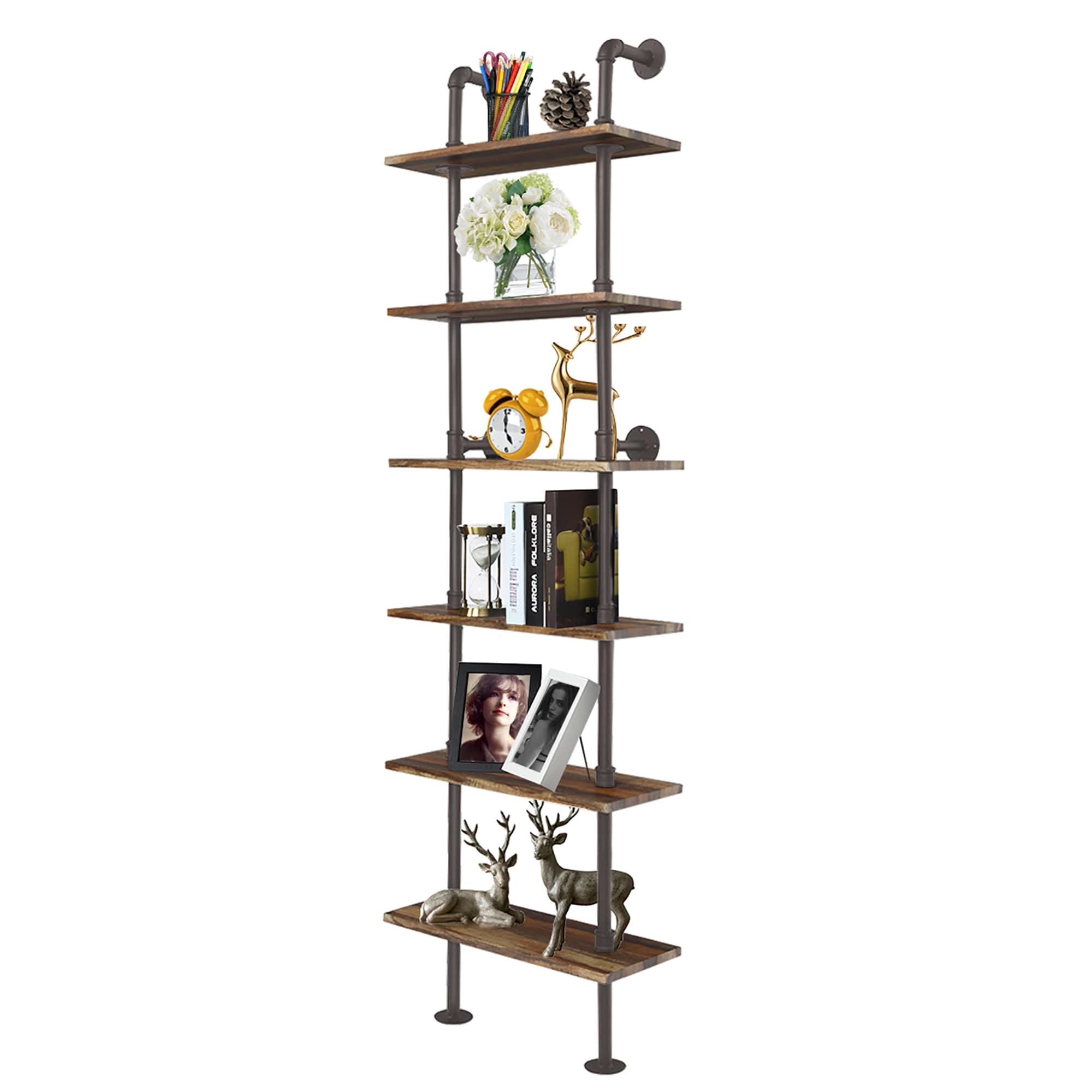 Costway 6-Shelf Rustic Pipe Shelving Unit, Vintage Industrial Pipe Wall Shelf Brown