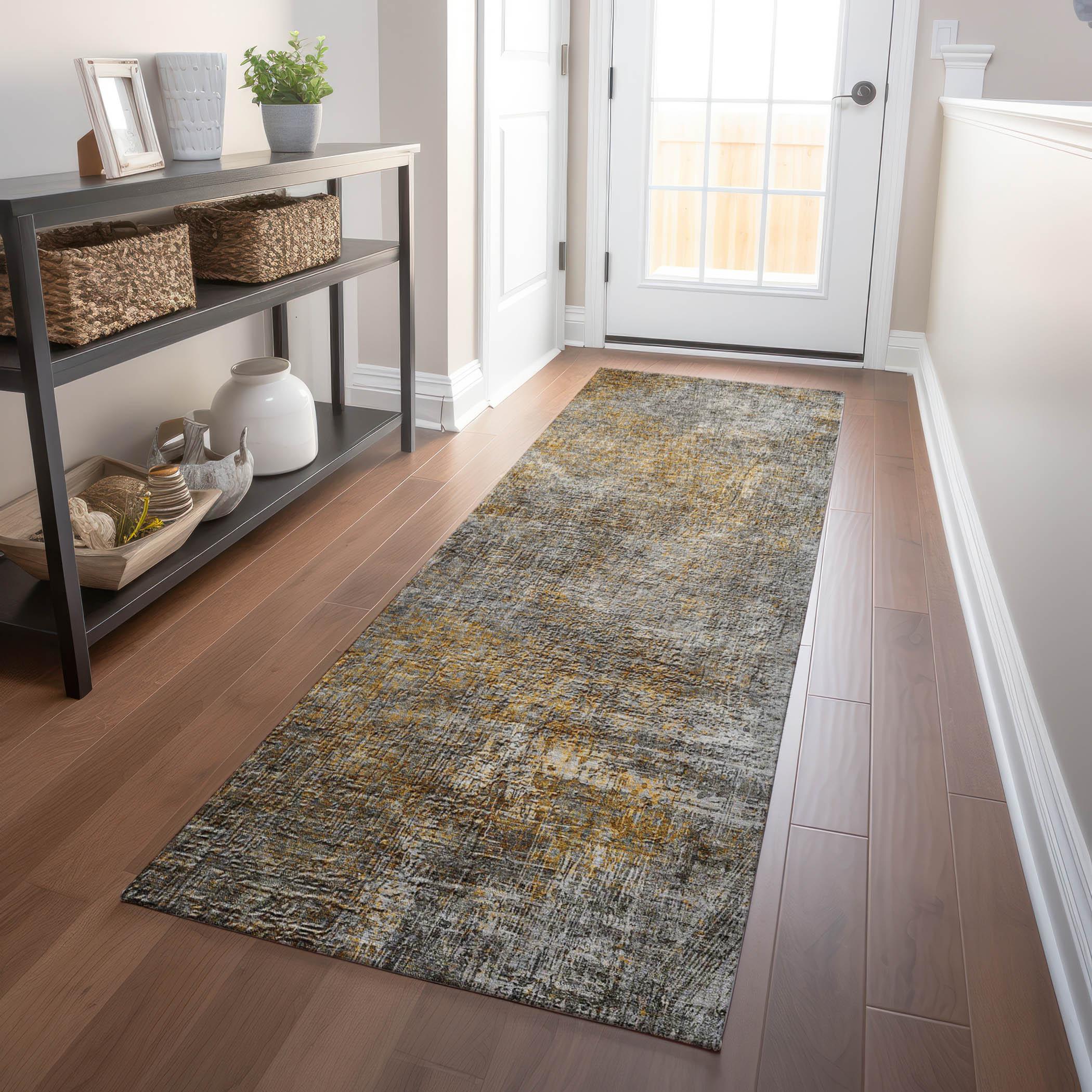 Gray and Gold Flat Woven Synthetic Runner Rug