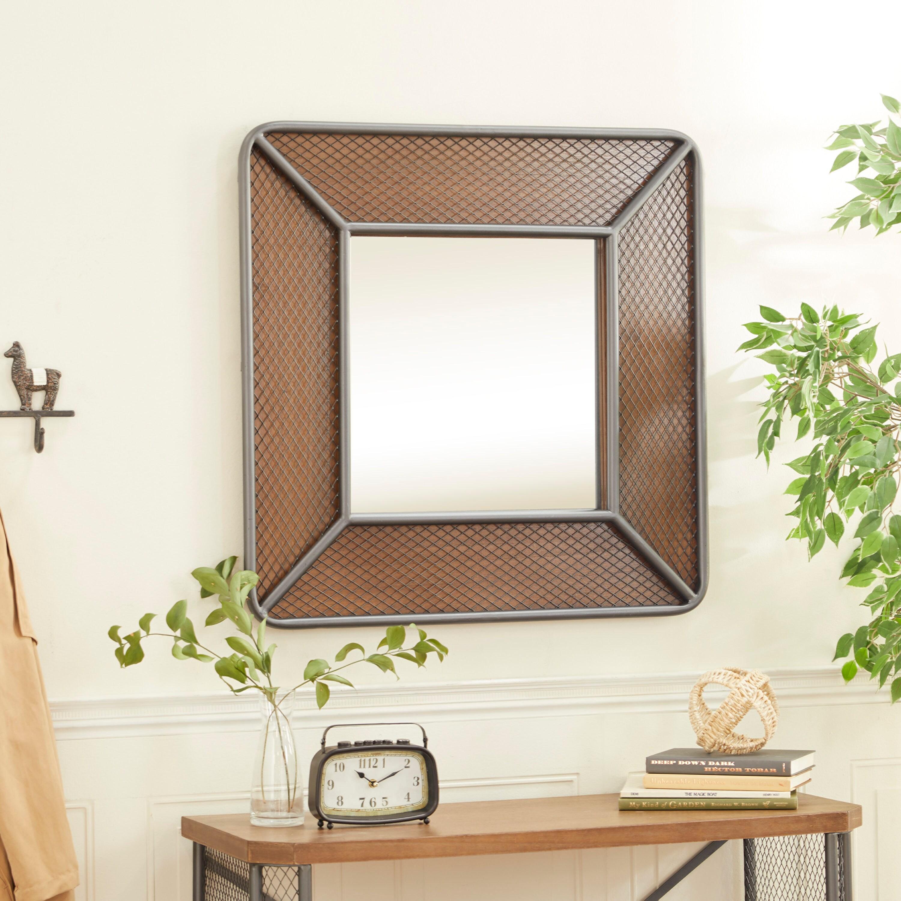 DecMode 32"W, 32"H Square Wall Mirror, Brown