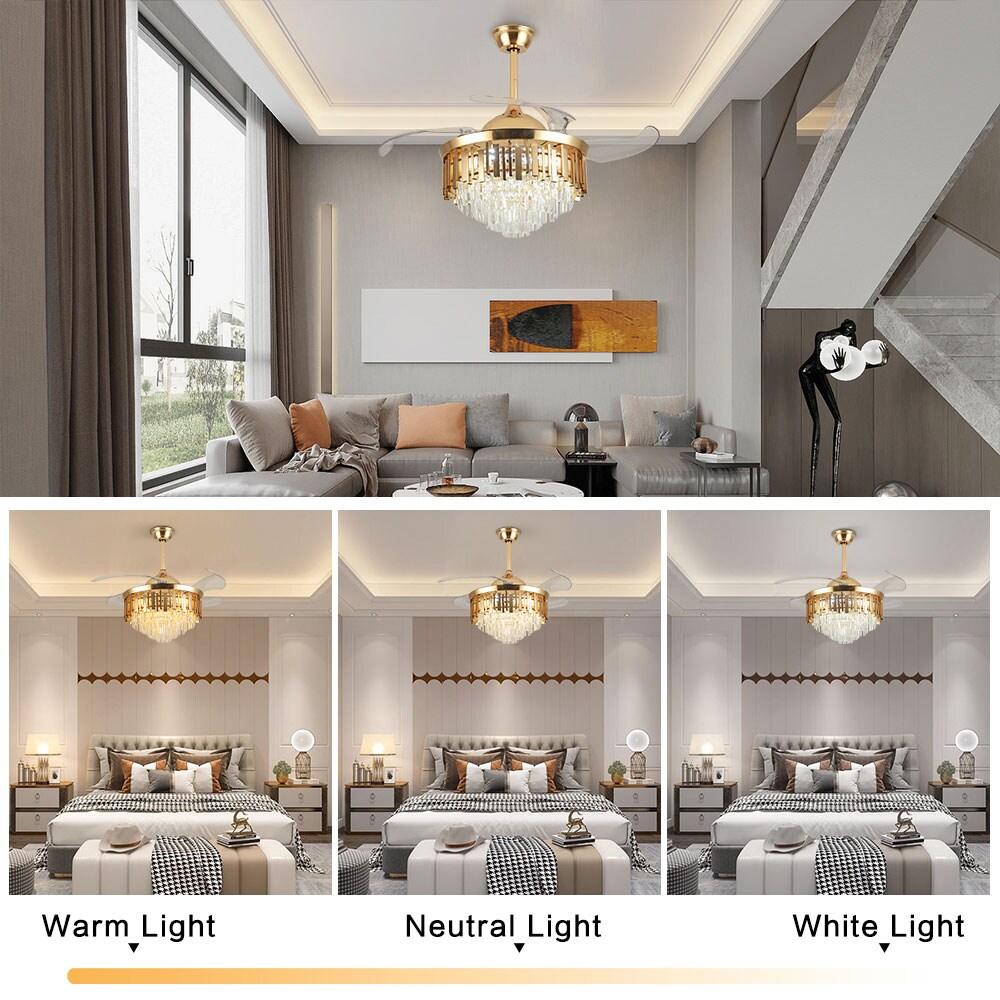 42 in. Integrated LED Indoor Gold Luxury Automatic Retractable Crystal Ceiling Fan with Remote