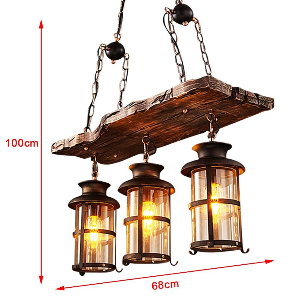 3-Light Rustic Kitchen Island Pendant Lamp Farmhouse Wood Iron Chandelier Industrial Ceiling Hanging Light with Glass Lampshade for Dining Living Room Restaurant Cafe Bar 39.4 x 27 in E26/E27 Base