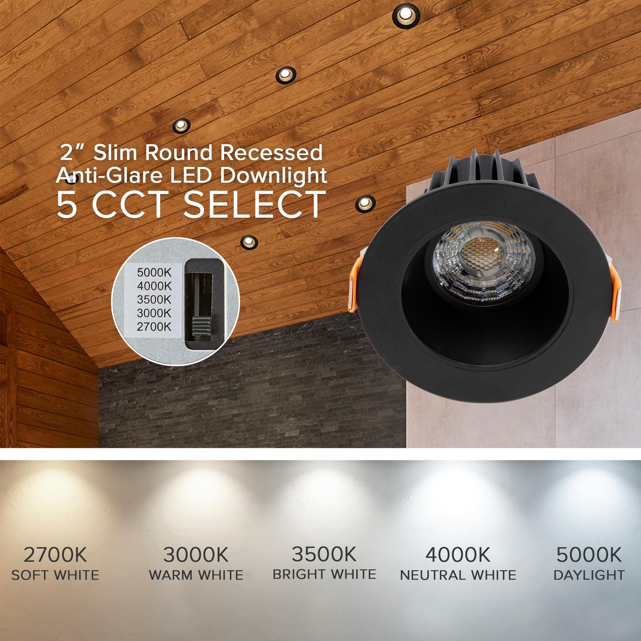 Maxxima 2 in. Ultra-Thin Recessed Anti-Glare LED Downlight - Canless IC Rated, 550 Lumens, 5 Color Temperature Selectable 2700K/3000K/3500K/4000K/5000K, Dimmable, Round Black Trim, 90 CRI, J-Box Incl