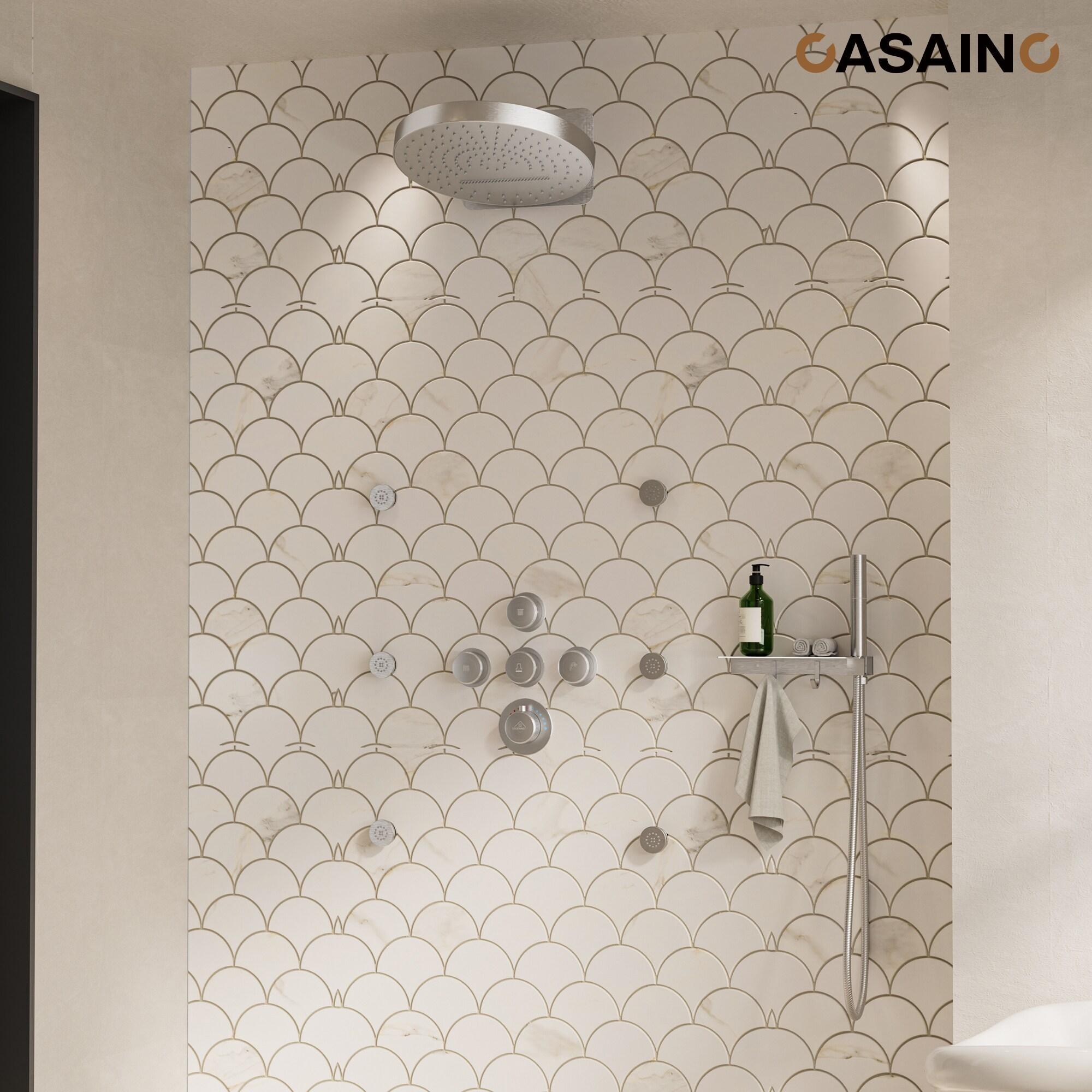 Rainfall Thermostatic Shower System with Body Jets, 2-Sprays Shower Head and a Shelf