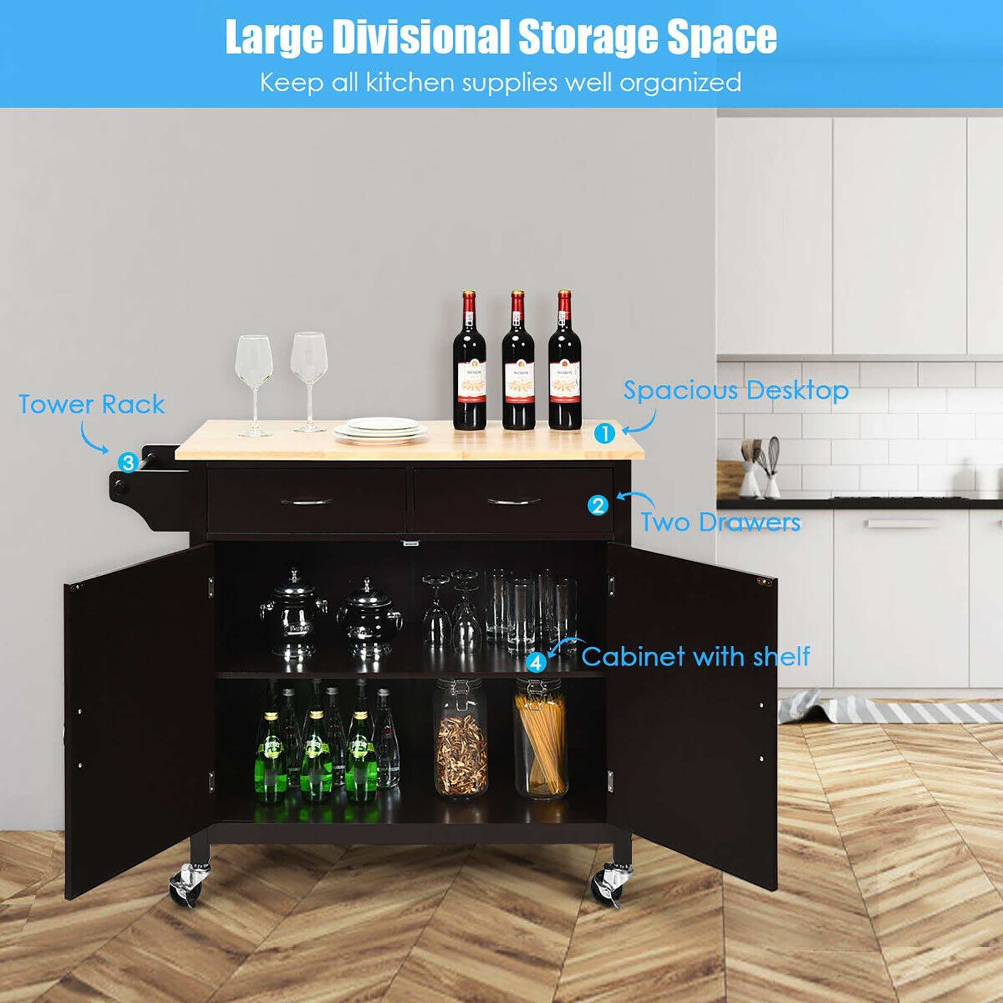 Costway Modern Rolling Kitchen Island Cart Wood Top Storage Trolley with Storage Drawers