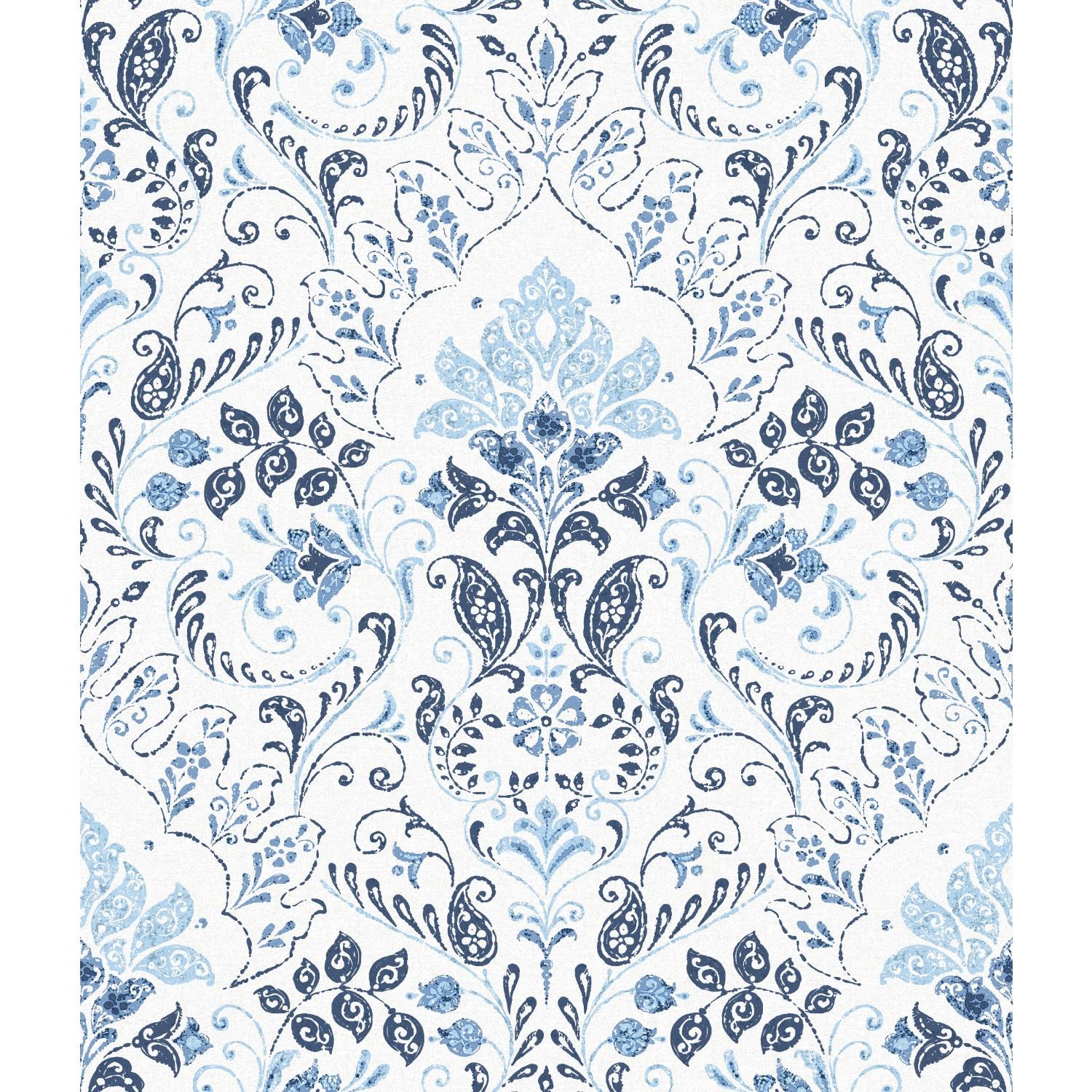 Blue and White Vinyl Damask Peel and Stick Wallpaper