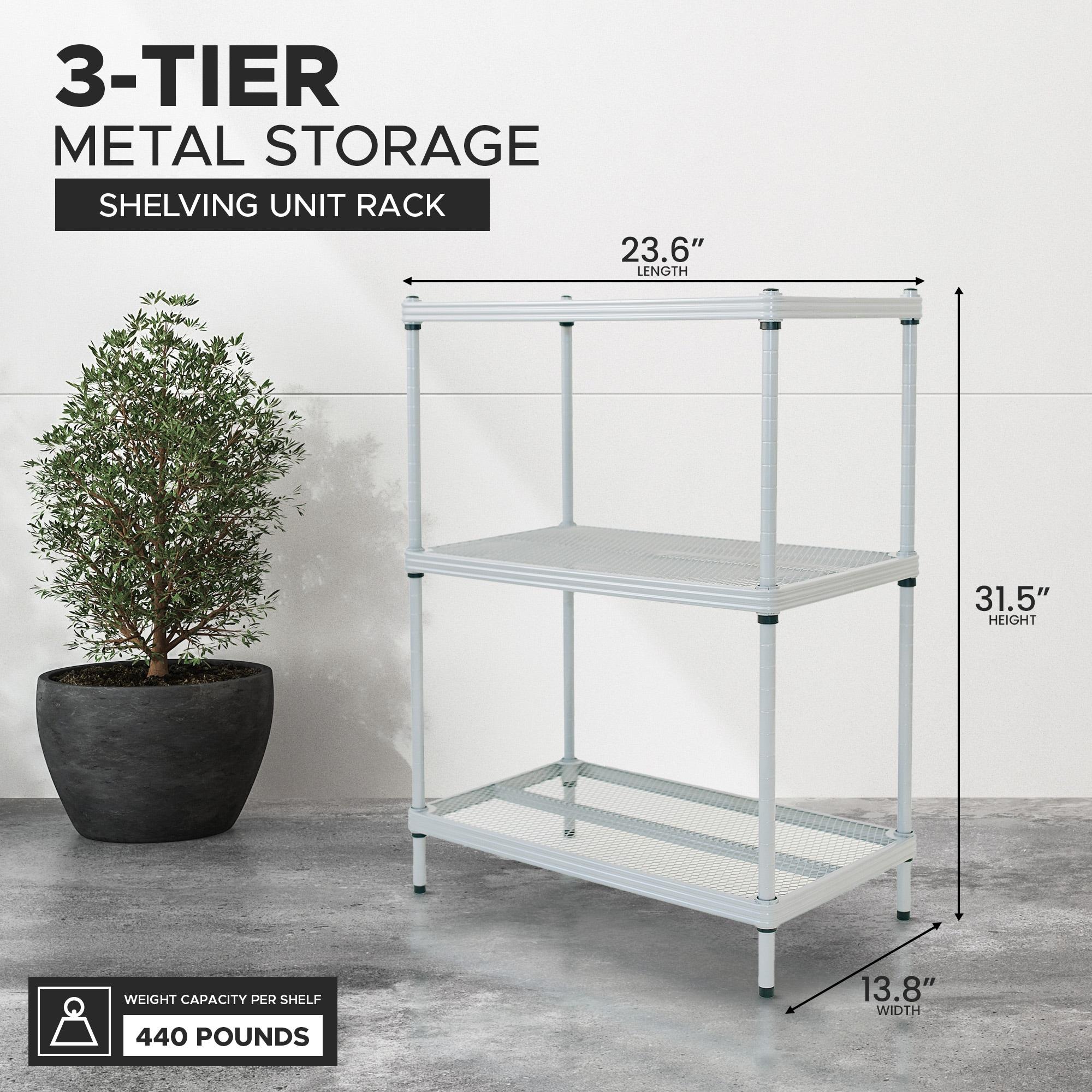 Design Ideas MeshWorks 3 Tier Full-Size Metal Storage Shelving Unit Rack for Kitchen, Office, and Garage Organization, 23.6” x 13.8” x 31.5,” Silver