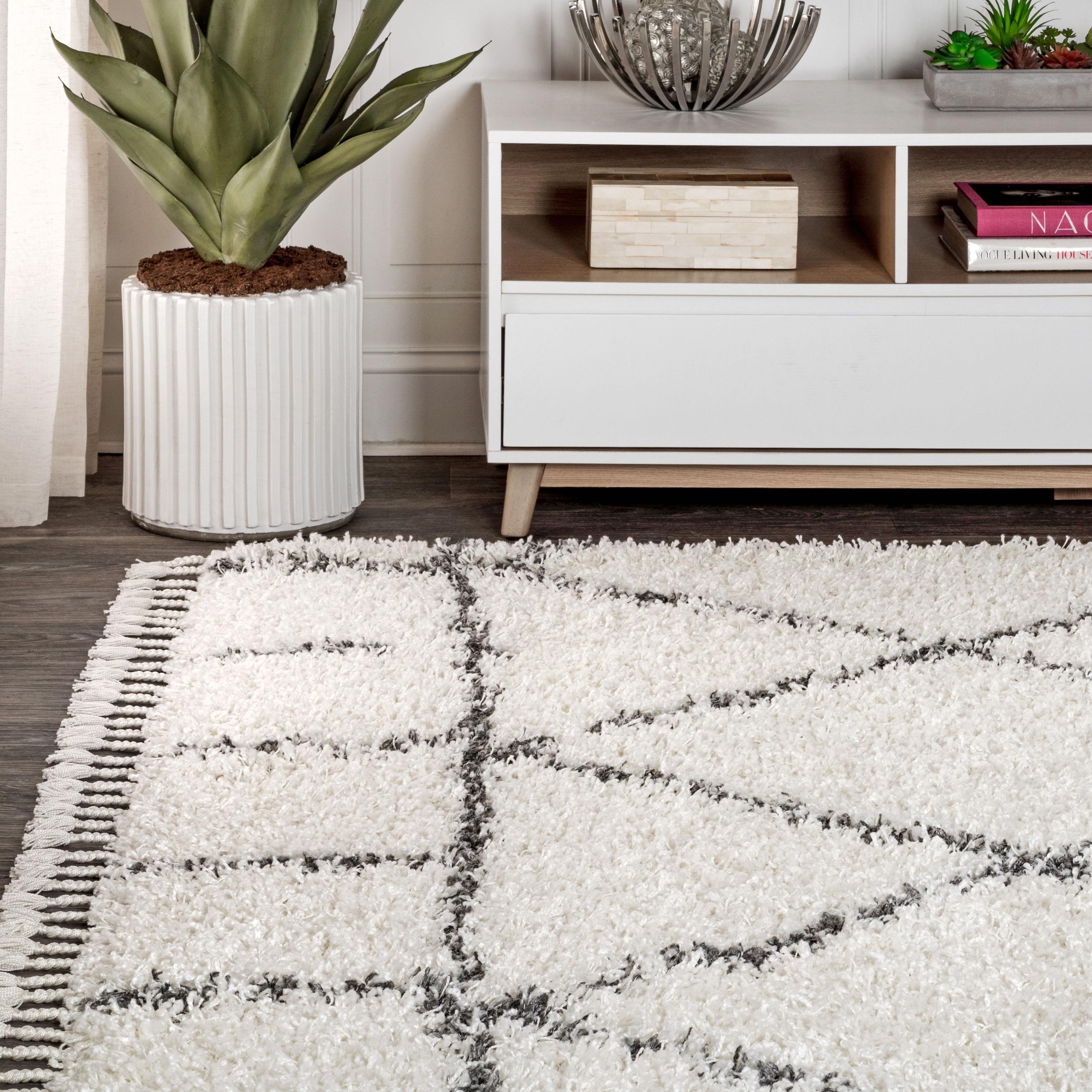 8'x10' Mercer Shag Plush Tassel Moroccan Geometric Trellis Area Rug, Cream/Grey - JONATHAN Y