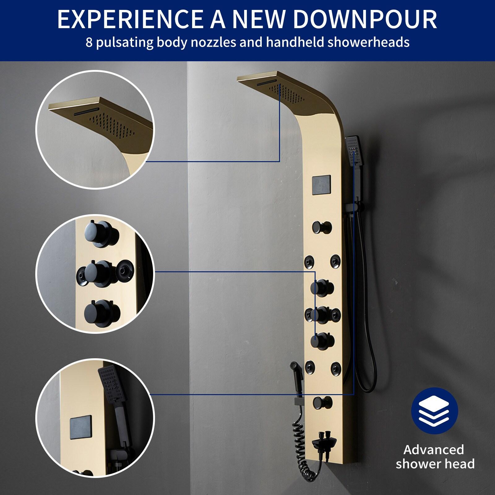 BWE 8-Jet Rainfall Shower Panel System with Rainfall Waterfall Shower Head and Shower Wand in