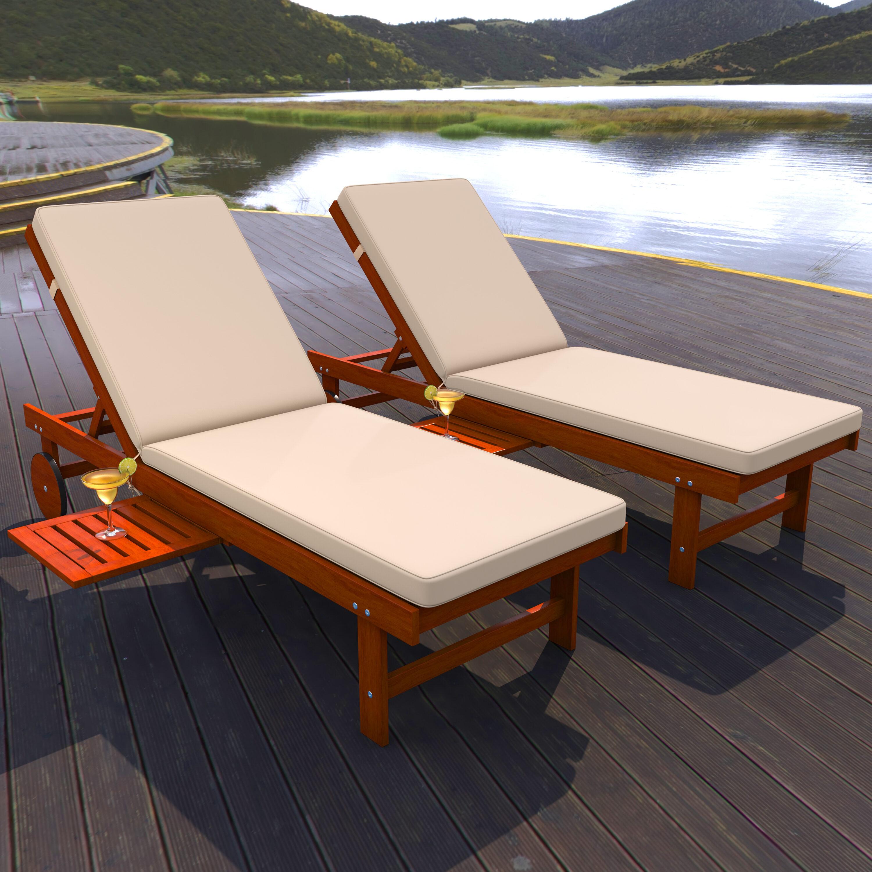 Seabrook 69 x 24 Inch Outdoor Acacia Wood Lounger with Cushion, 5-Position Back, Slide Table & Wheels, Light Brown -JONATHAN Y