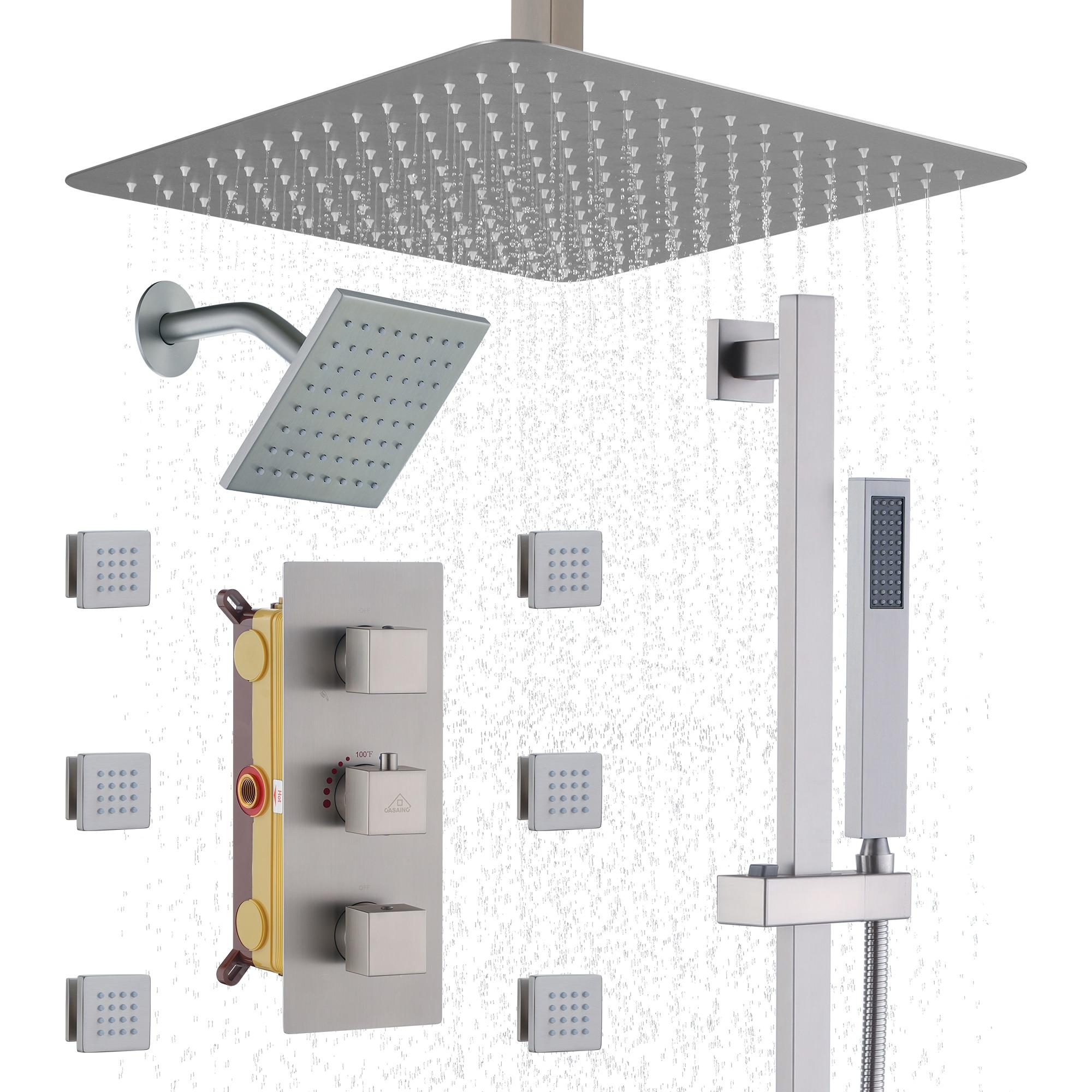 Rainfall Symphony 16inch Dual Shower Head Rainfall Thermostatic Shower System with 16-inch Slide Bar and Body spray