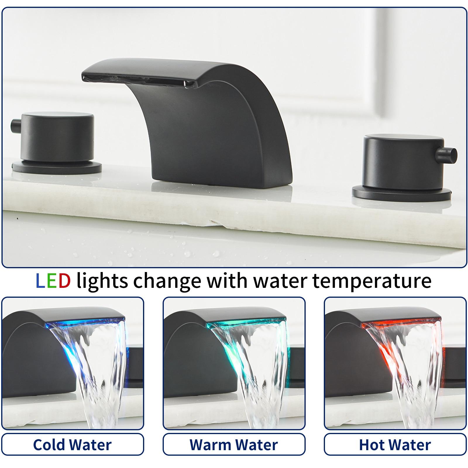 BWE 8 in. Widespread Waterfall Double Handle Three Holes Bathroom Faucet With Led Light in Black