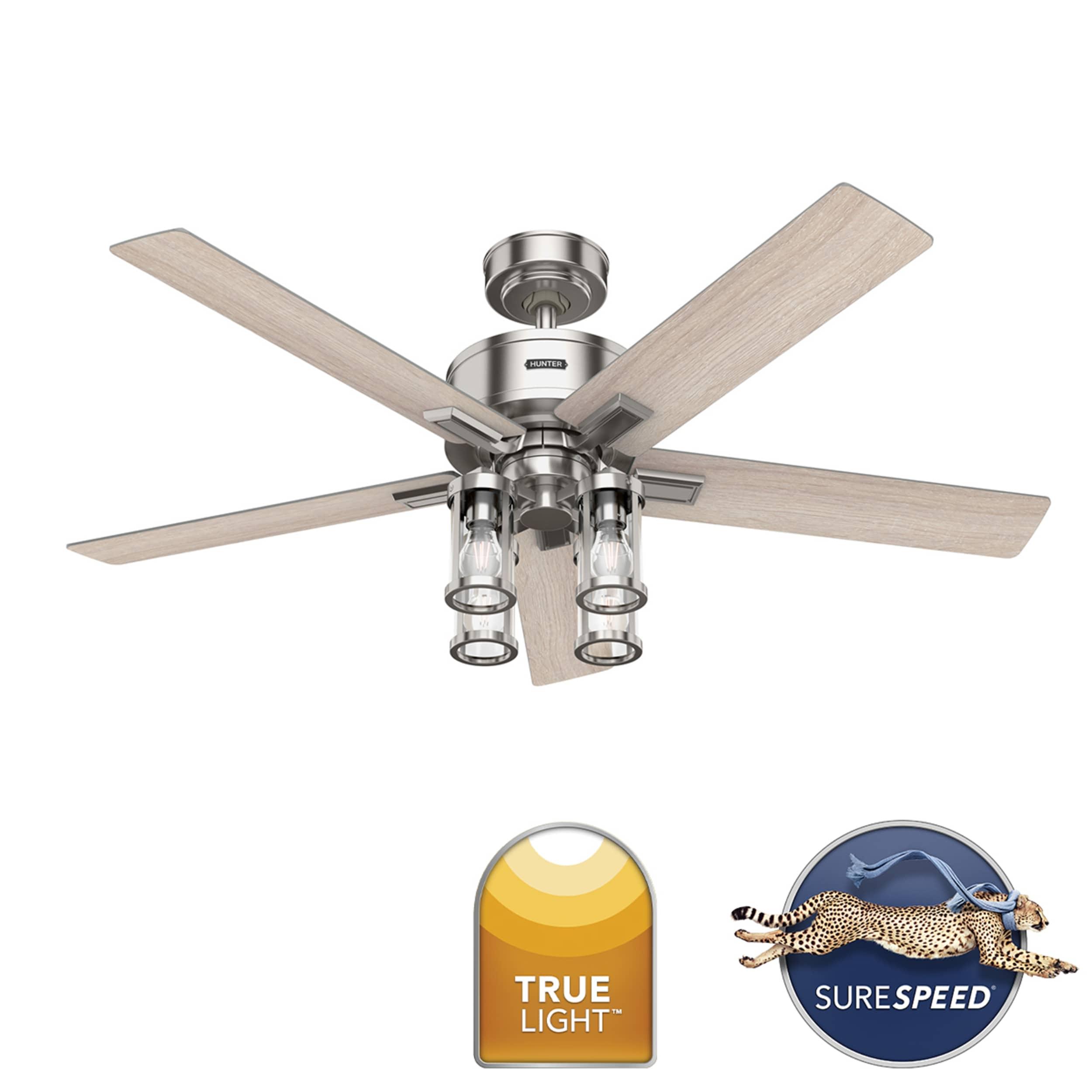 Hunter - Astwood II  Indoor Ceiling Fan With Light, Remote, 52-inch, Brushed Nickel, Casual-style, 4-speed WhisperWind Motor, 52993, for living rooms, bedrooms, home offices, kitchens