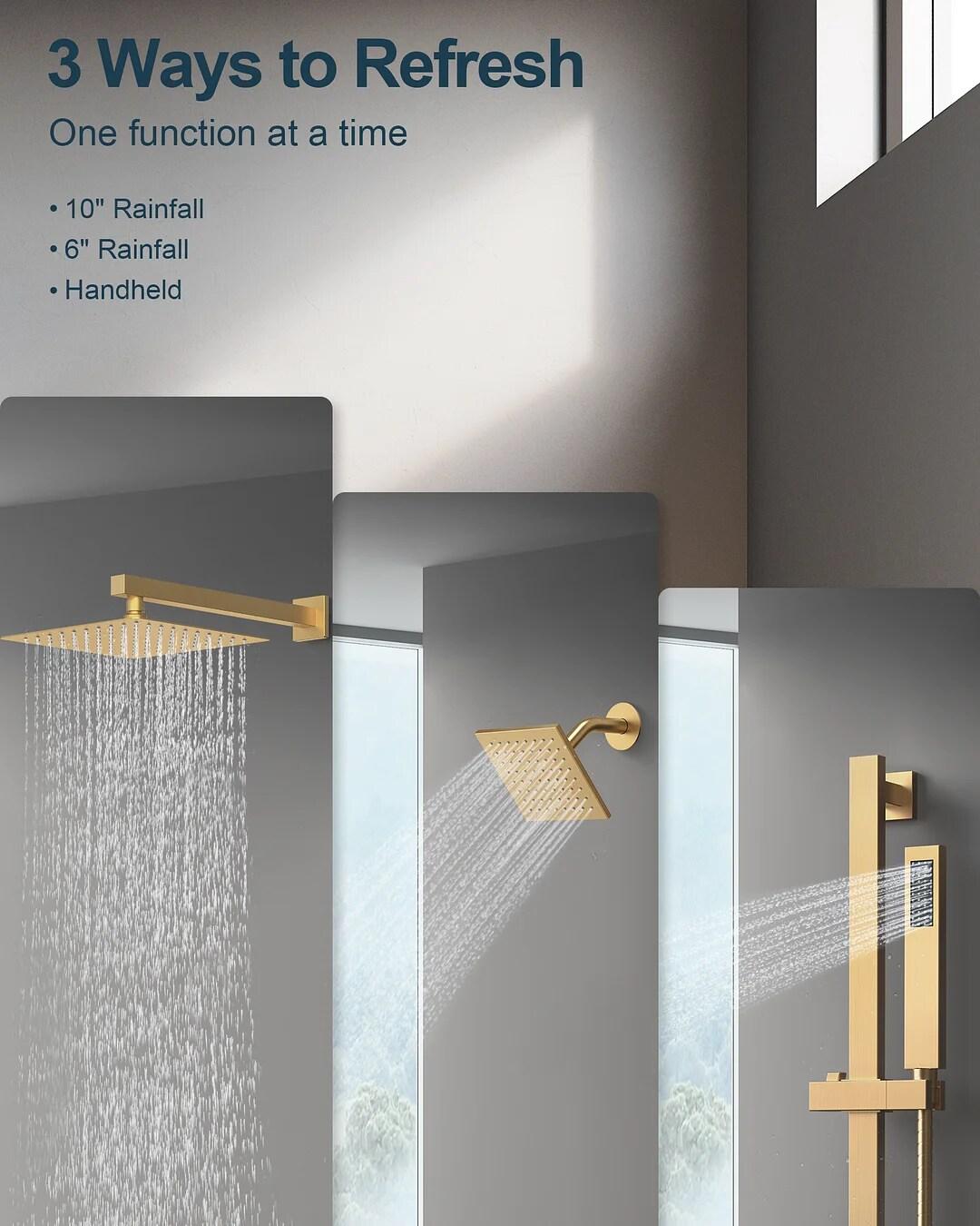 GRANDJOY Complete Shower System, 10" and 6" Dual Wall Mount Rain Shower Faucets with Handheld Shower Spray, High Pressure in Brushed Gold