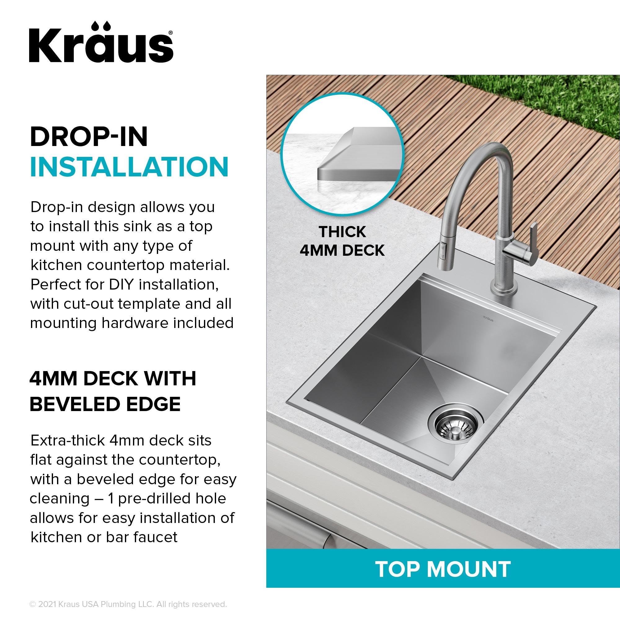 KRAUS Kore™ 15" L Outdoor Workstation Drop-In 16 Gauge Marine Grade T-316 Stainless Steel Single Bowl Kitchen Bar Sink