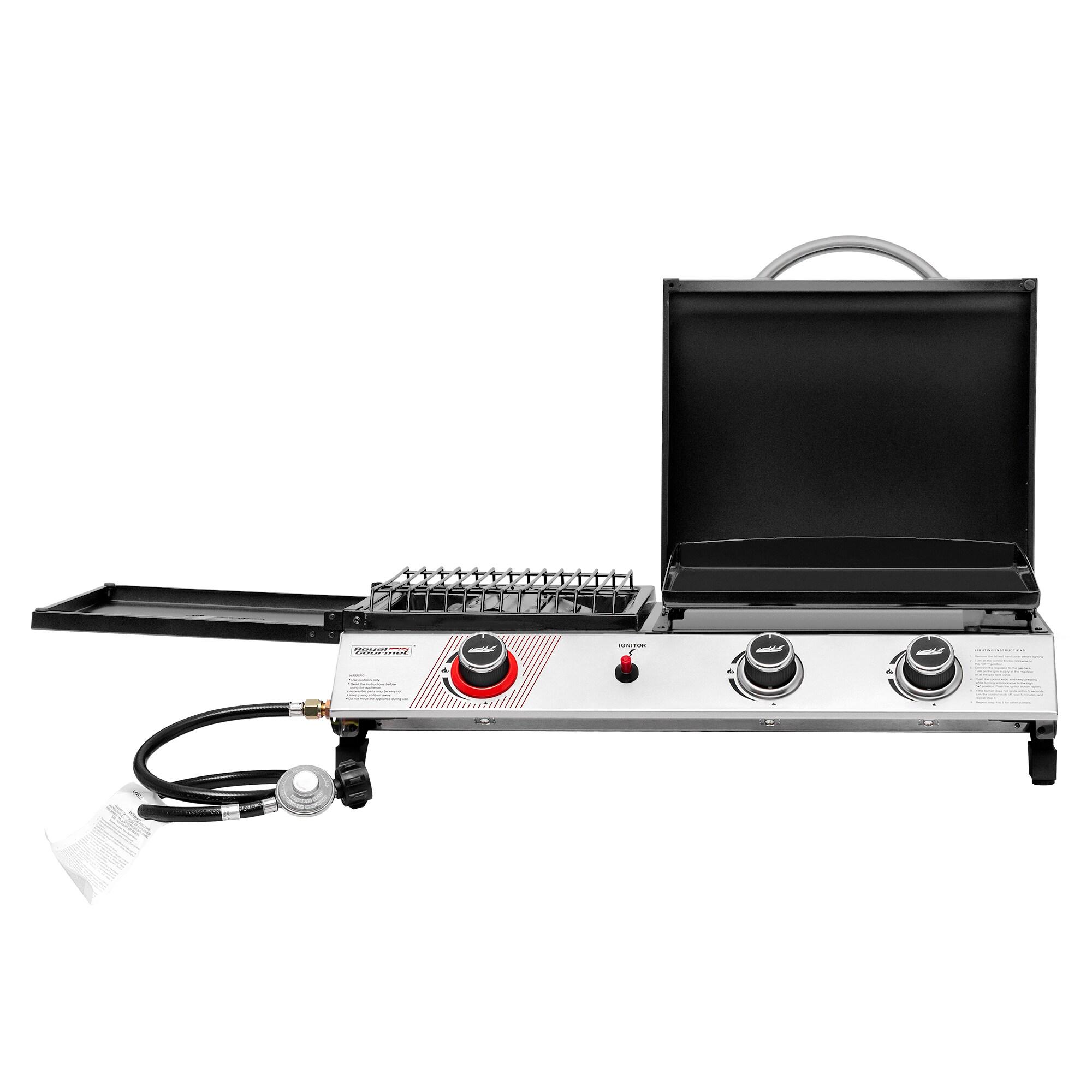 Royal Gourmet 3-Burner Portable Gas Griddle With Side Burner, 3-in-1 Grill and Griddle Combo Station With Lid for Outdoor Cooking, Silver