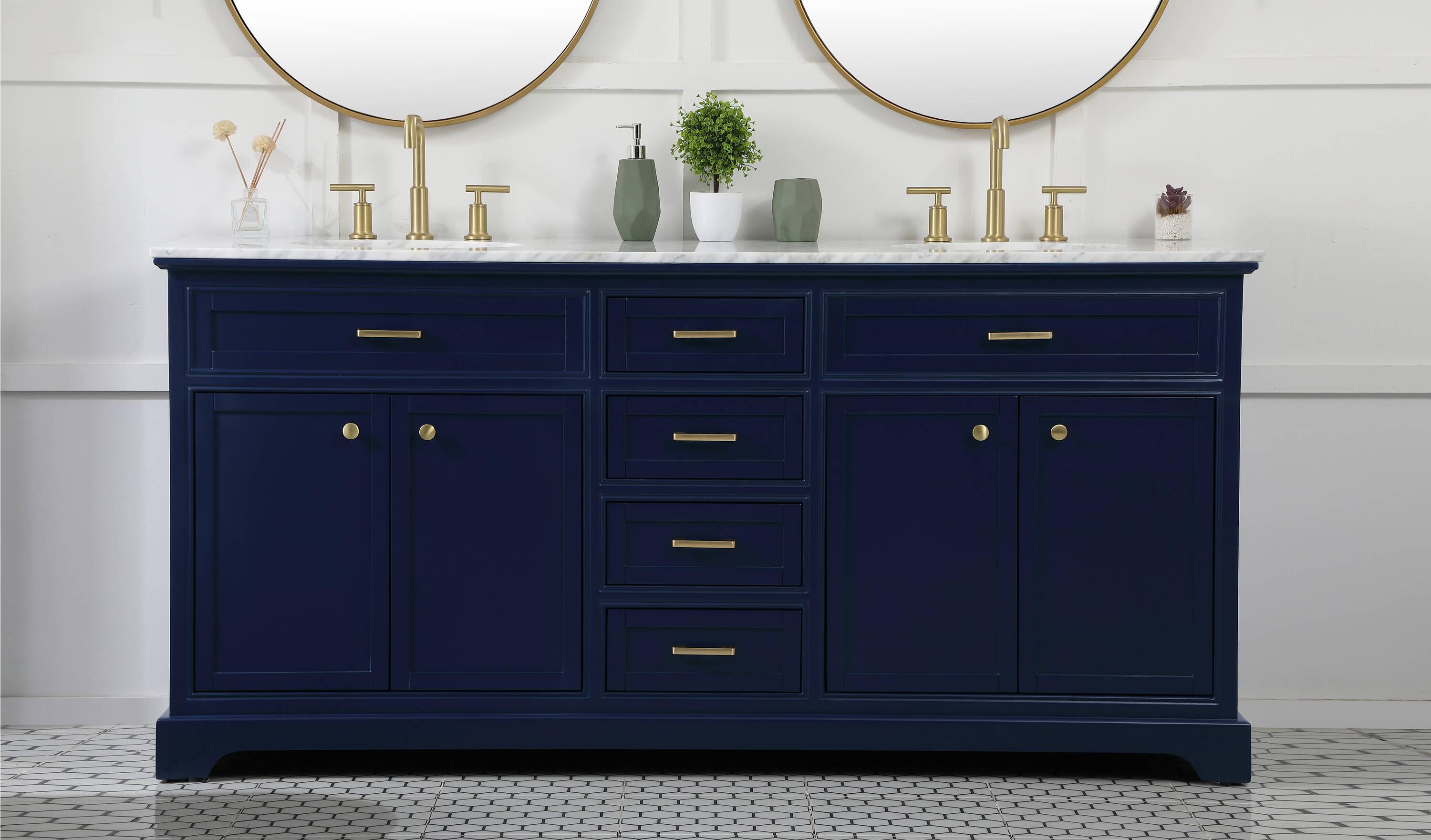 Elegant Decor Americana 72" Metal MDF Marble Double Bathroom Vanity in Blue