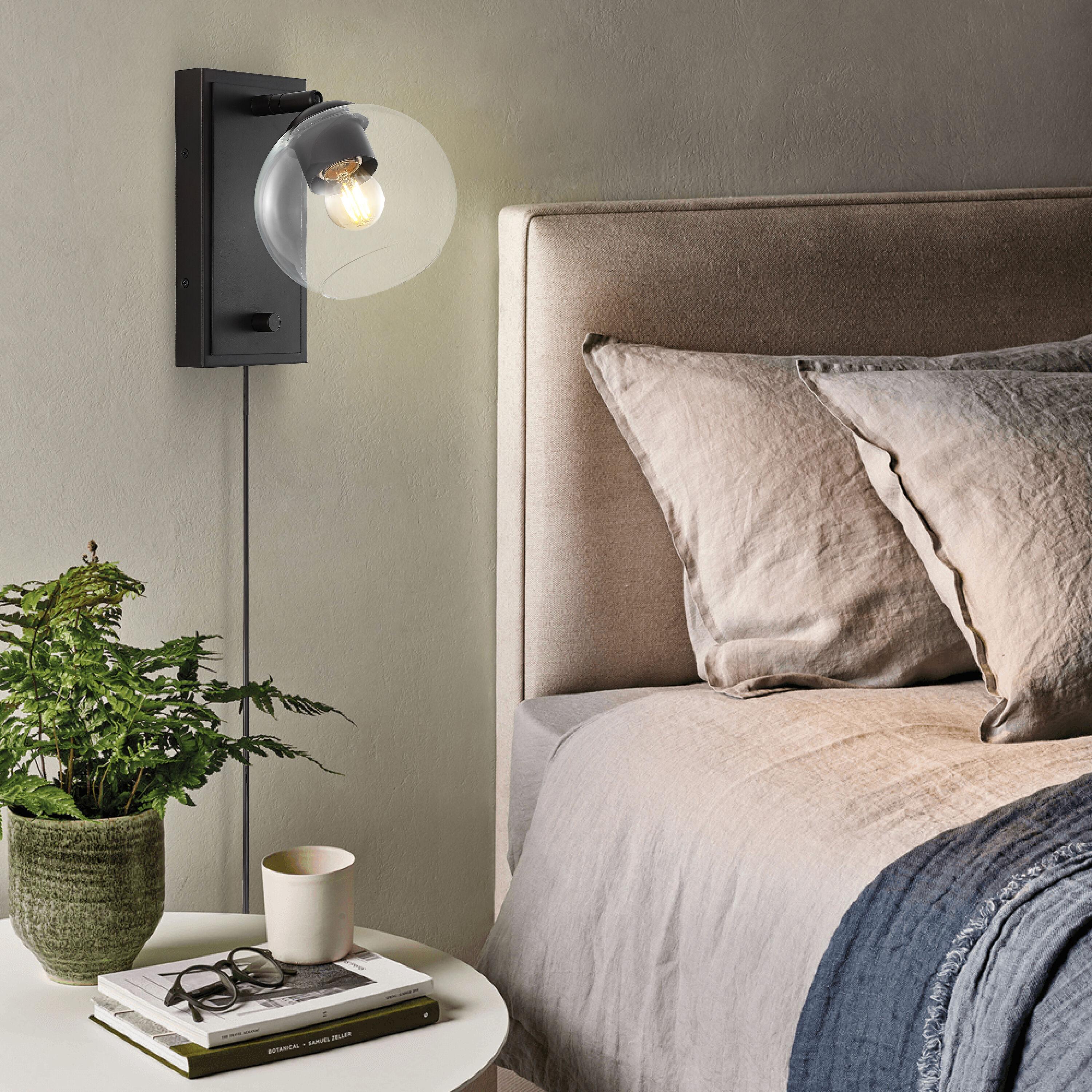 Hugo 6" 1-Light Minimalist Modern Plug-In or Hardwired Adjustable Iron LED Wall Sconce with Rotary Dimmer, Oil Rubbed Bronze with Clear Globe