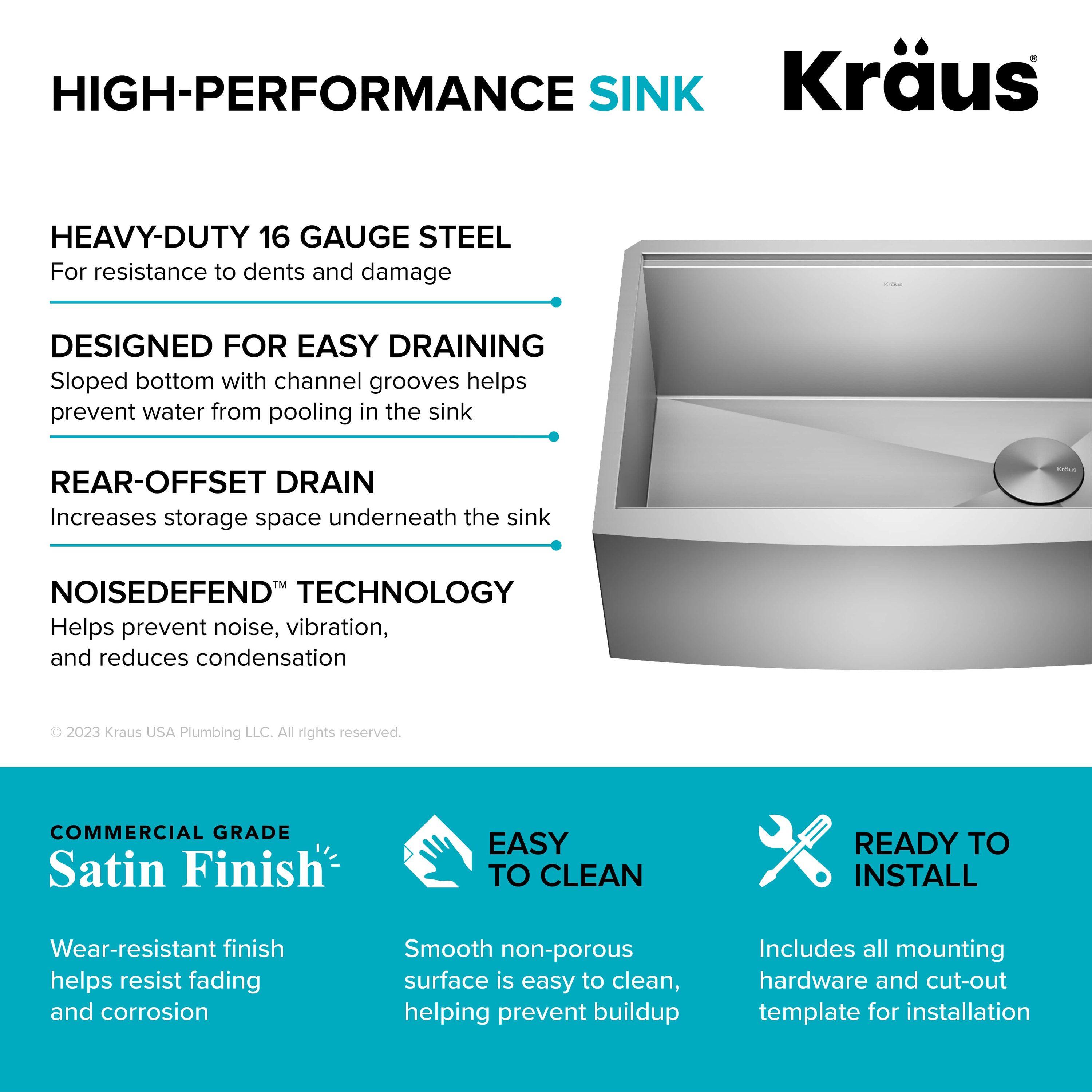 KRAUS Kore™ 27" L Farmhouse Apron Front Workstation 16 Gauge Stainless Steel Single Bowl Kitchen Sink with Accessories