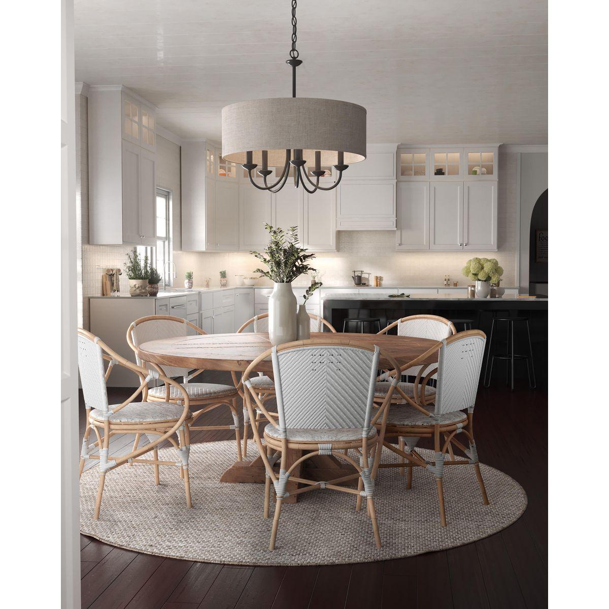 Progress Lighting, Drum Shade Collection, 5-Light Pendant, Black Finish, Harvest Linen Shade