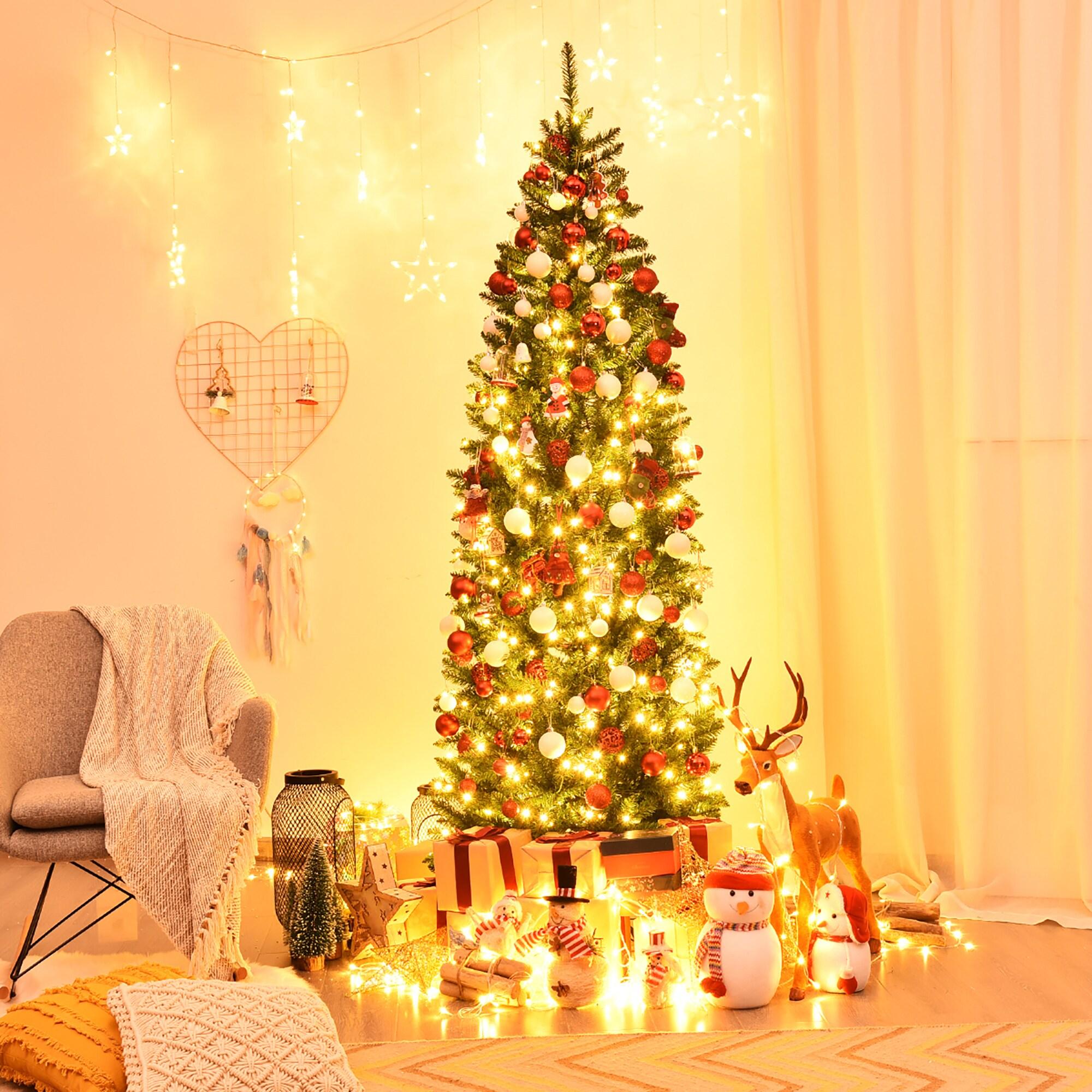 Costway 7Ft Pre-lit Artificial Pencil Christmas Tree Hinged Fir PVC Tree with 350 LED Lights