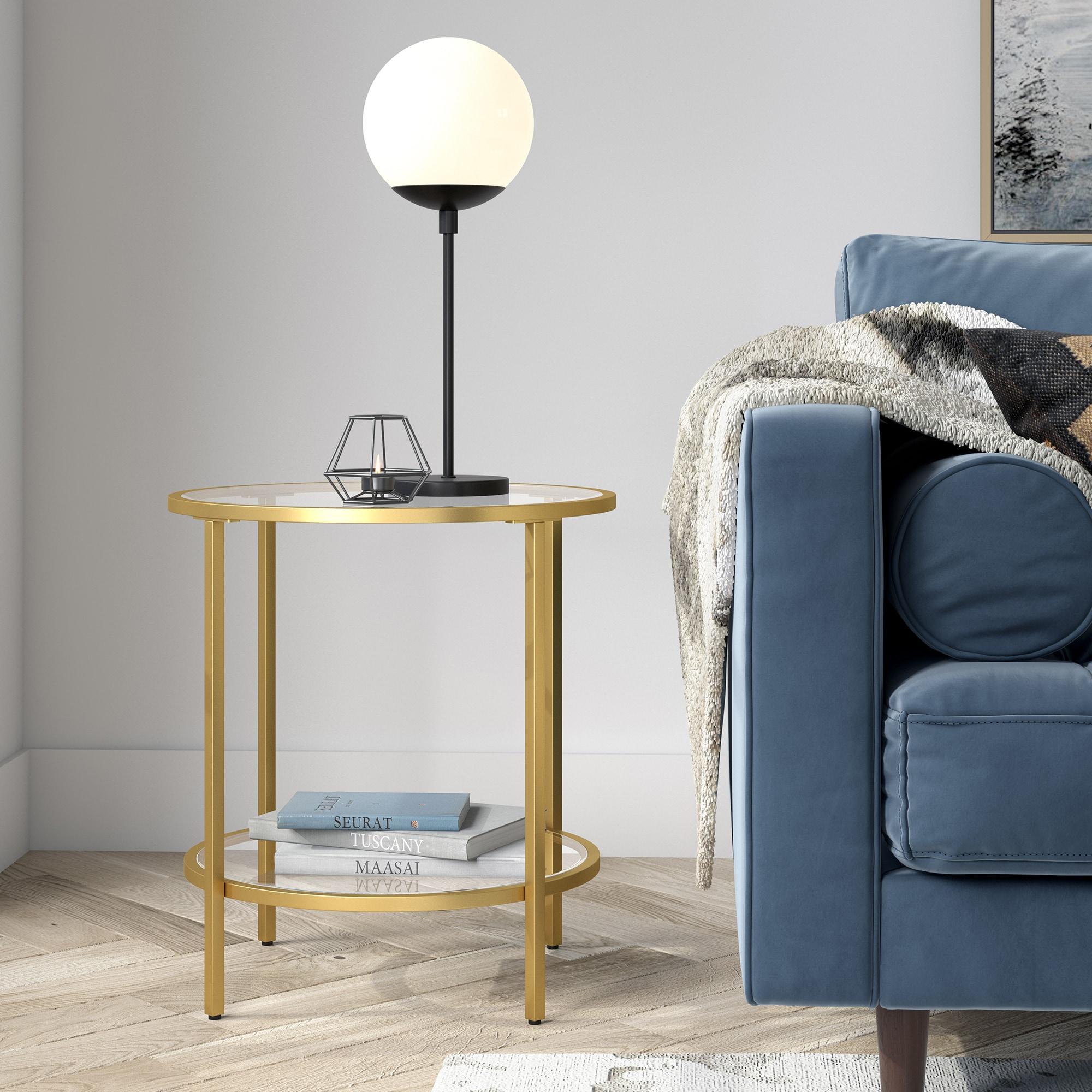 Evelyn&Zoe Sivil 20" Wide Round Side Table with Glass Shelf, Brass