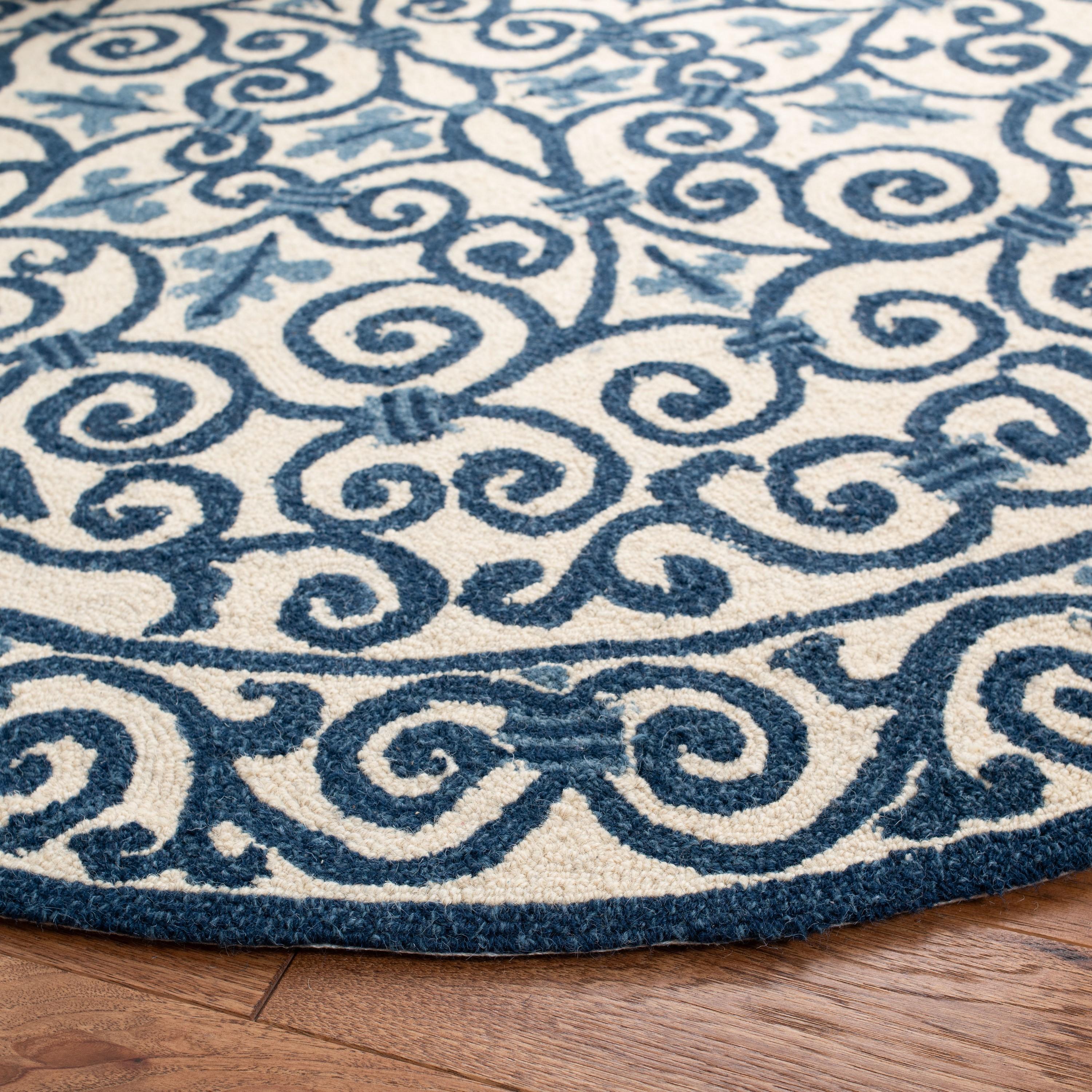 SAFAVIEH Chelsea Aragon Geometric Borders Wool Area Rug, Ivory/Dark Blue, 3' x 3' Round