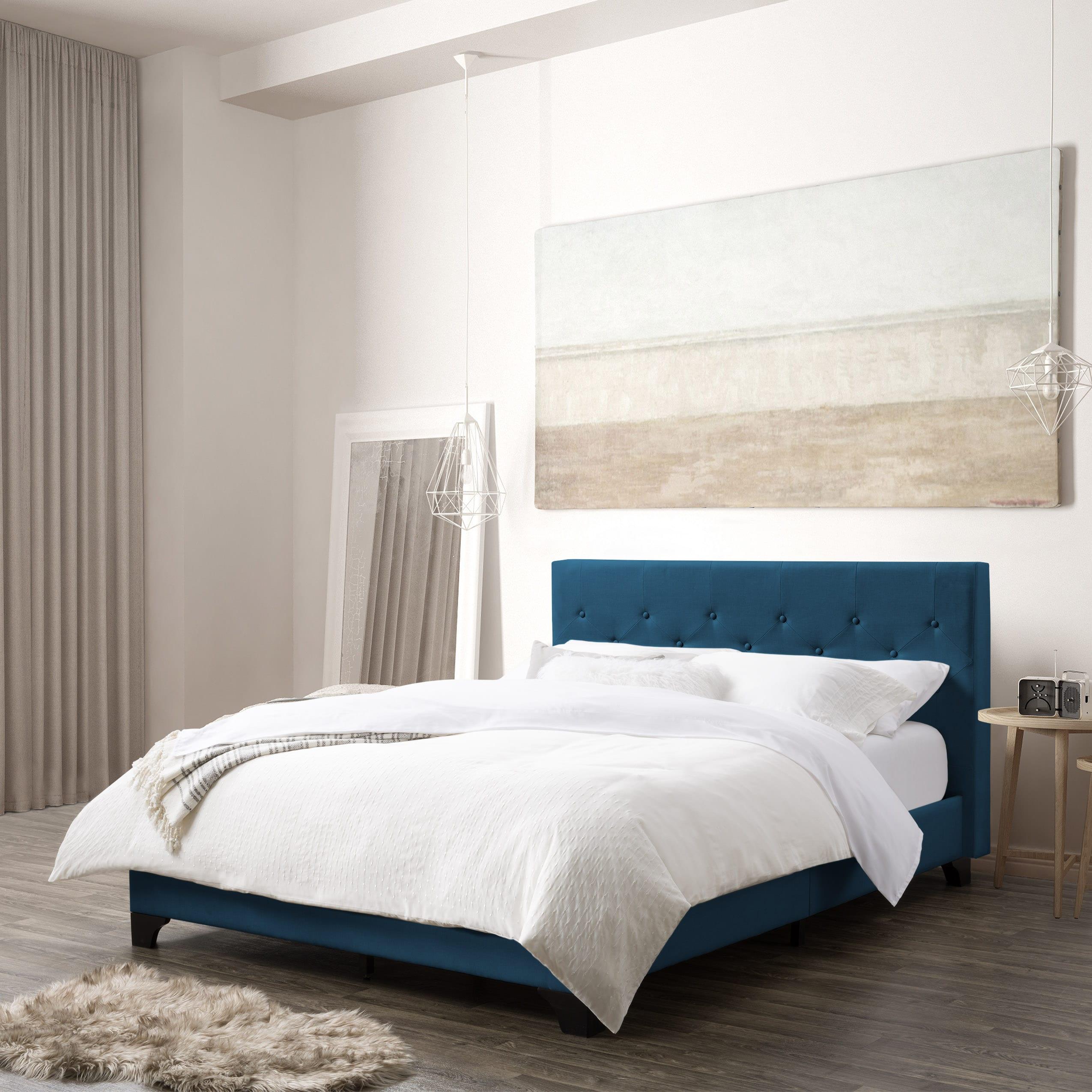 CorLiving Nova Ridge Blue Fabric Queen Size Platform Bed Frame with Headboard
