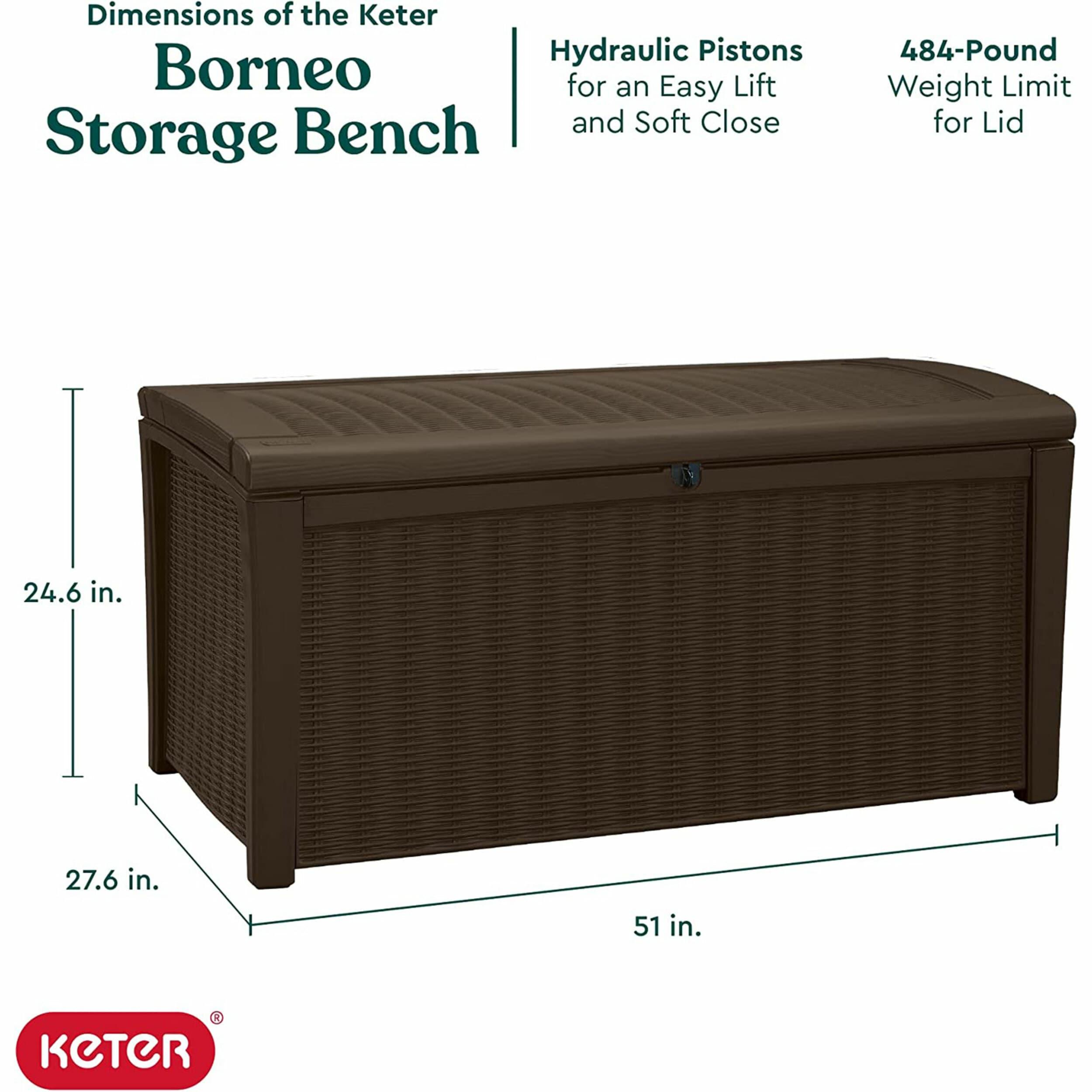 Keter Borneo 110 Gallon Rattan Wicker Resin Patio Deck Storage Box Bench