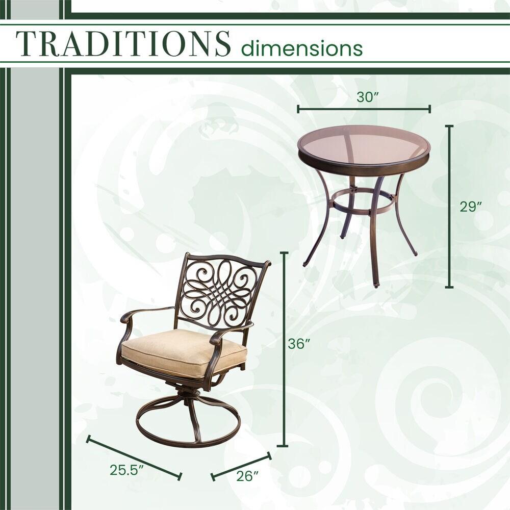 Hanover Traditions 3-Piece Swivel Bistro Set in Tan with 30 in. Glass-top Table