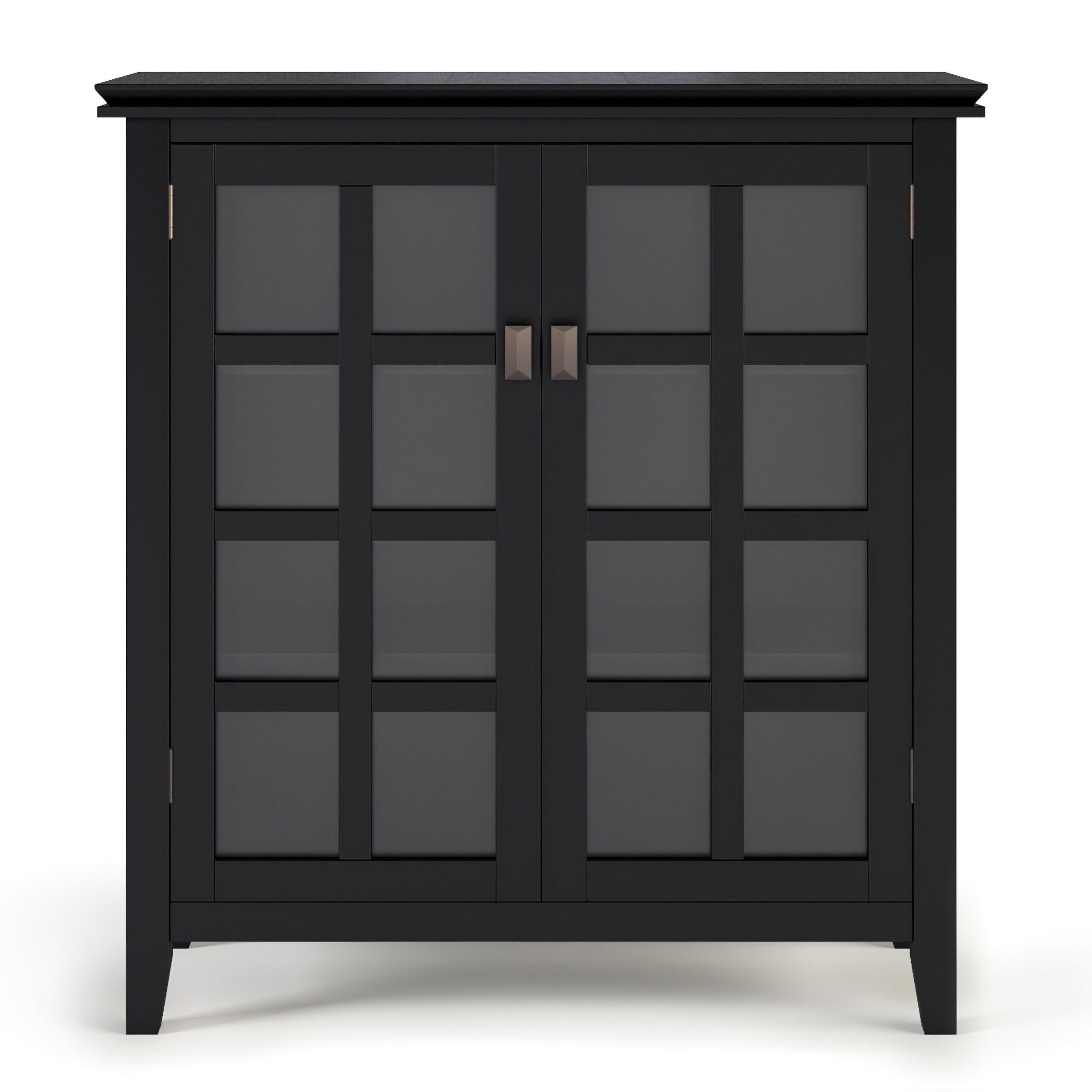 Simpli Home Artisan 38"W Solid Wood 4-Shelf Medium Storage Cabinet with Glass Doors and Adjustable Shelves