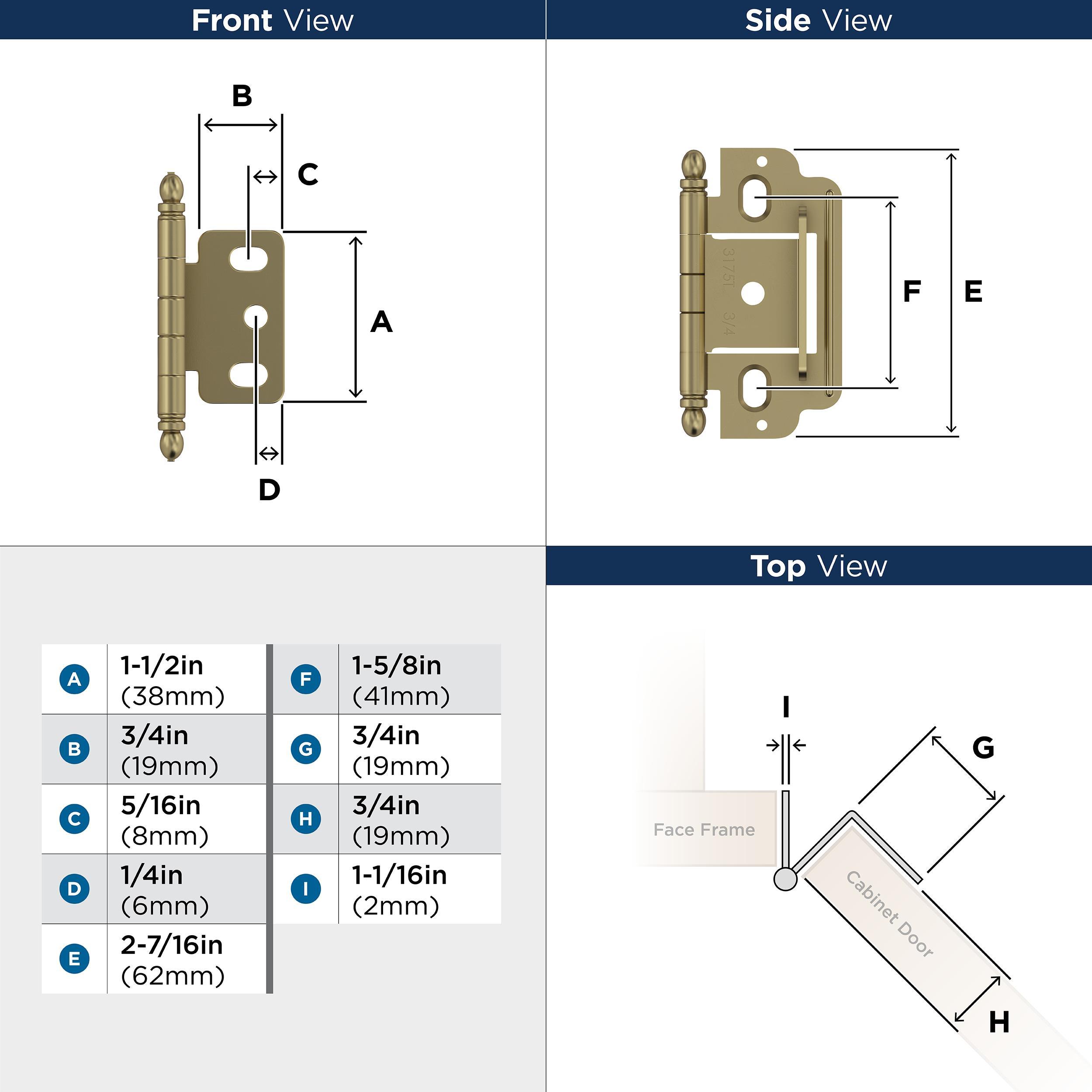 Golden Champagne 3/4 in. (19 mm) Door Thickness Full Inset, Partial Wrap Ball Tip Cabinet Hinge - Single Hinge
