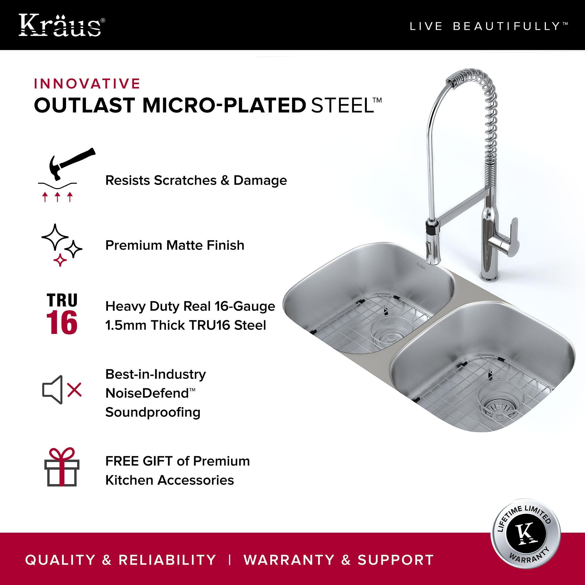 KRAUS Outlast MicroShield™ Scratch-Resist Stainless Steel Undermount 50/50 Double Bowl Sink, 32" L 16 Gauge