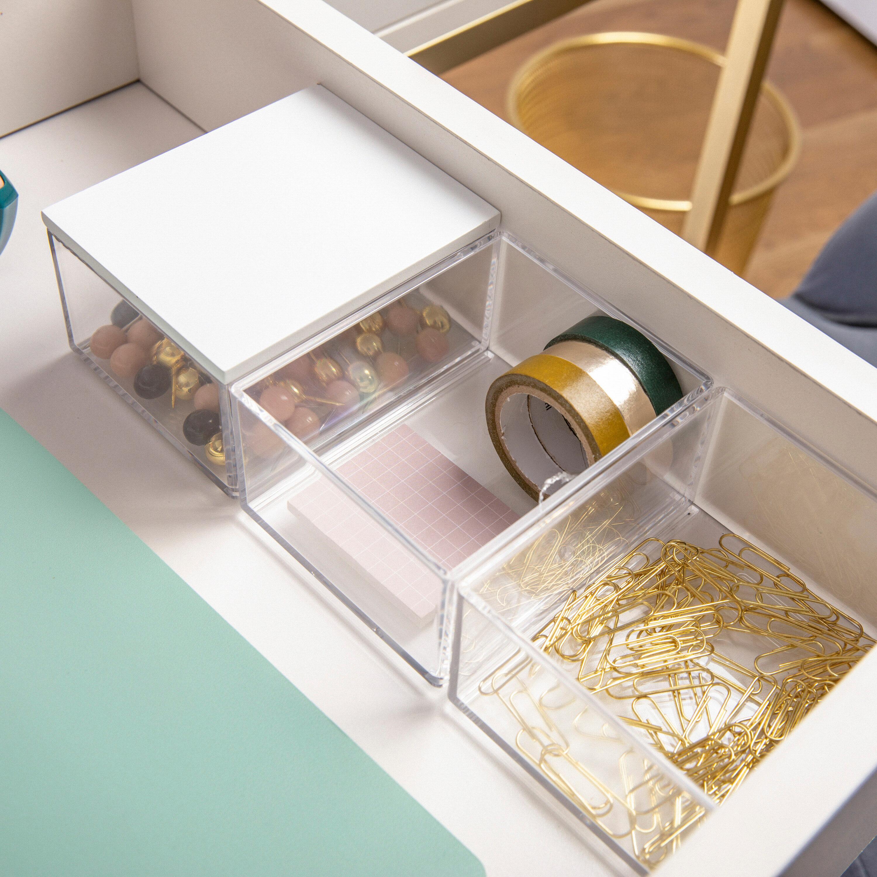 Martha Stewart Brody Clear Plastic Storage Organizer Bins with White Engineered Wood Lid for Home Office, Kitchen, or Bathroom, 3 Pack Small, 3.75" x 3"