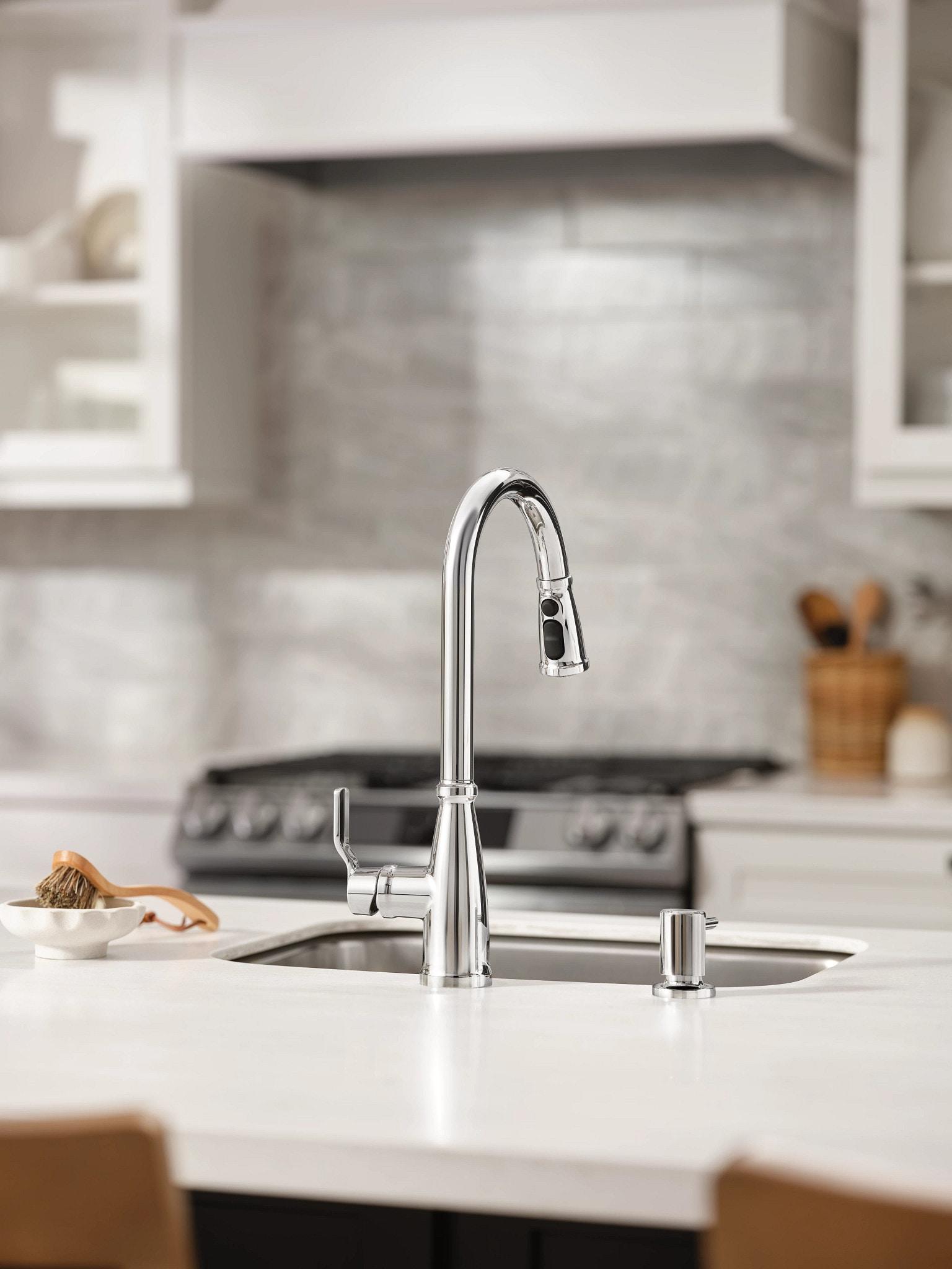 Moen Nolia Chrome One-Handle High Arc Kitchen Faucet with Pull Down Sprayer and Soap Dispenser, Kitchen Sink Faucet Featuring Power Boost Technology, 87071