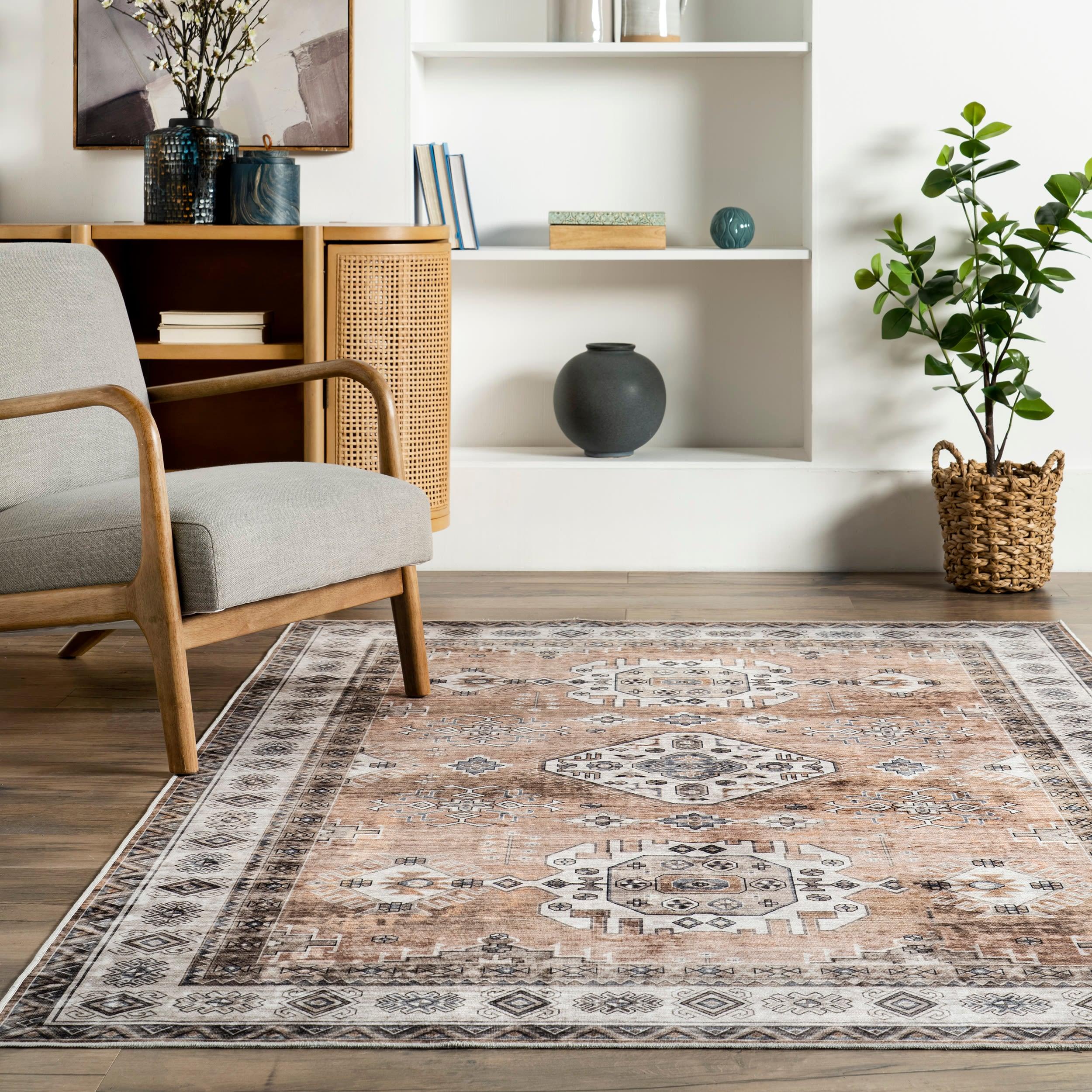Nuloom Evelina Medallion 6x9 Spill Proof Machine Washable Indoor Area Rug for Living Room Bedroom Dining Room Kitchen, Light Orange/Ivory