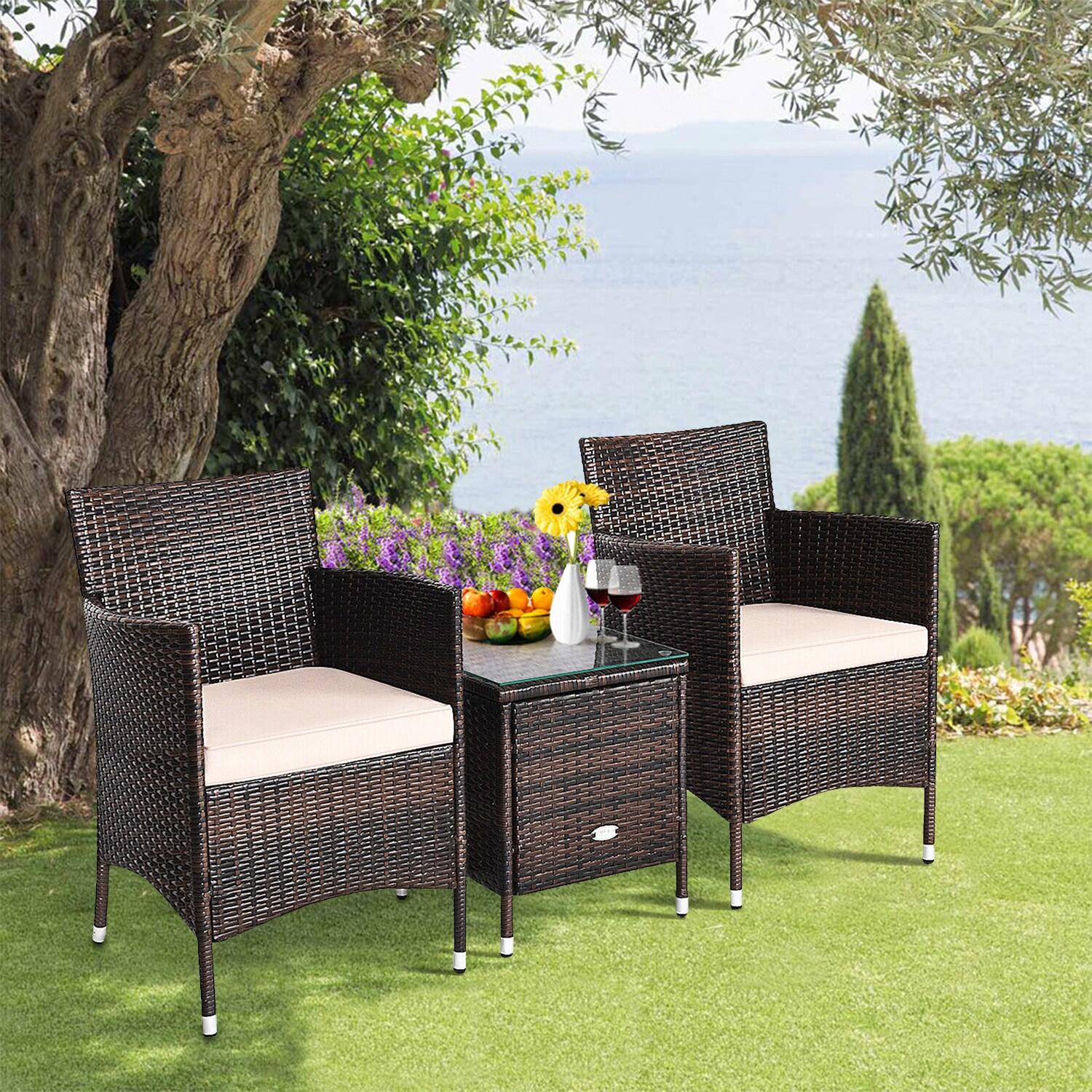 Topcobe 3 Piece Patio Conversation Set Outdoor Rattan Wicker Furniture Set with Coffee Table & Chairs Patio Bistro with Seat Cushions for Garden Balcony Backyard Poolside
