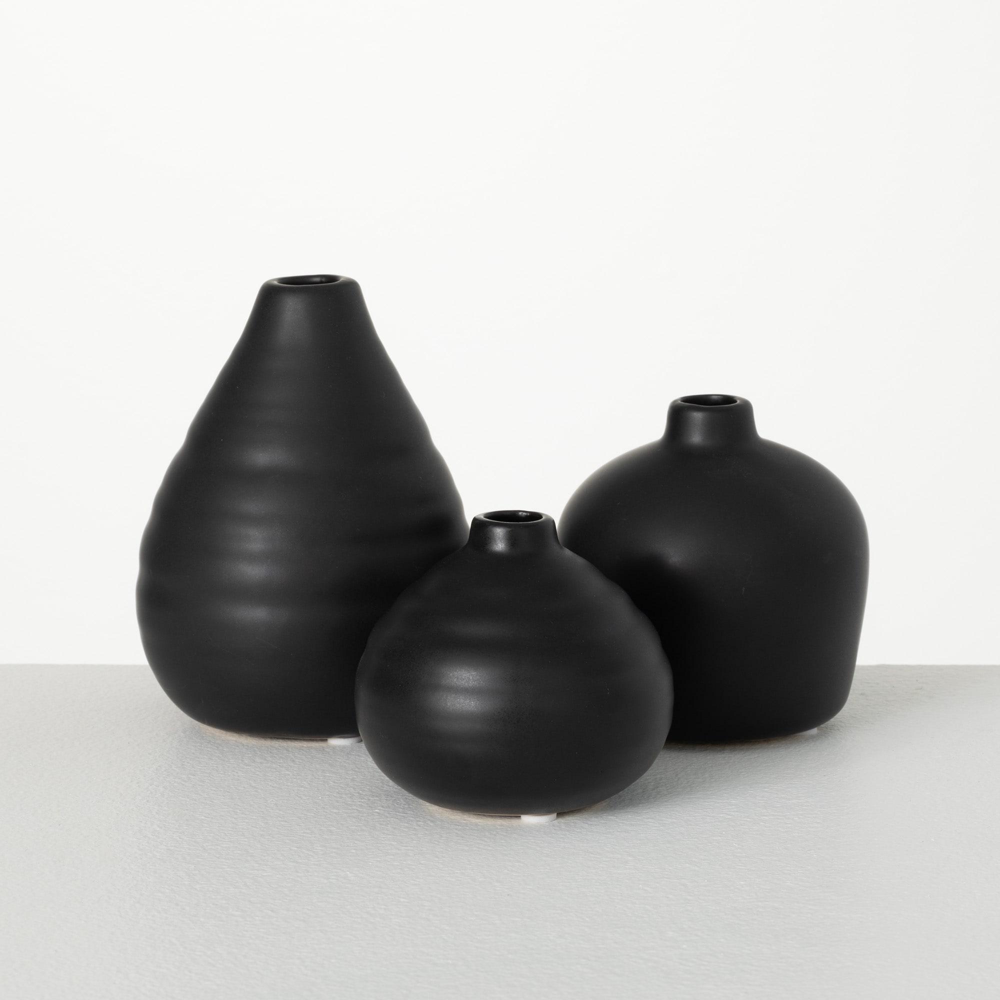 Matte Black Ceramic Bud Vase Trio, 9" x 6.5" Modern Home Decor