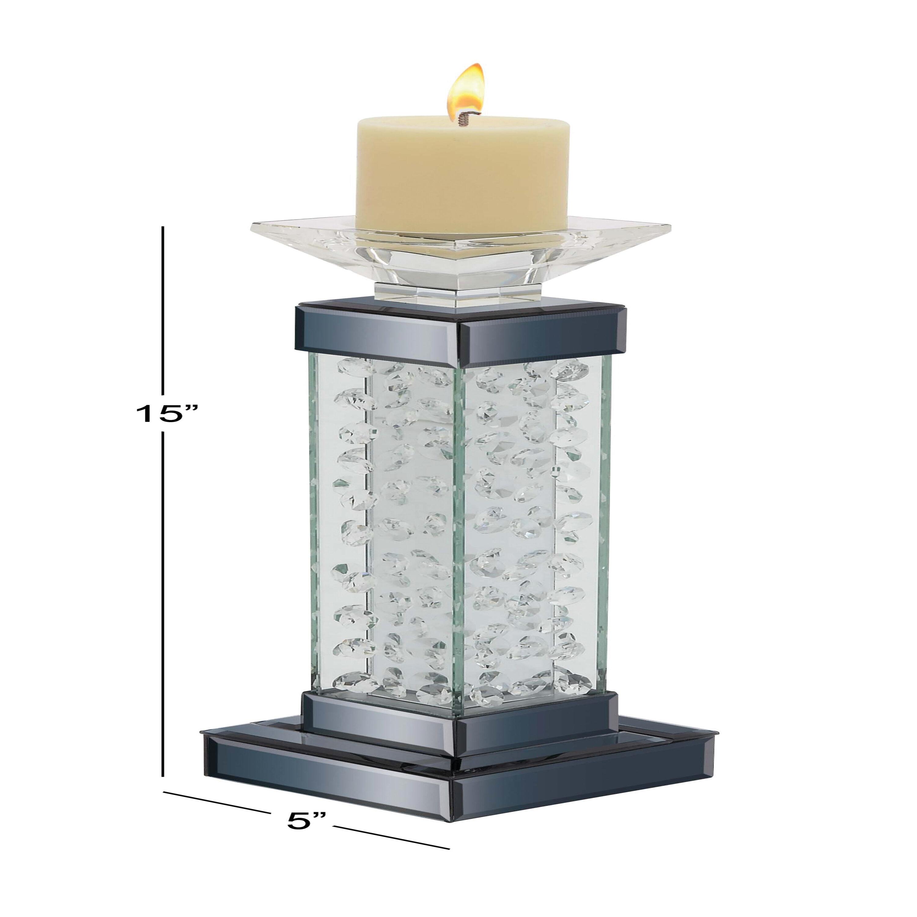 DecMode Silver Glass Pillar Candle Holder with Floating Crystals
