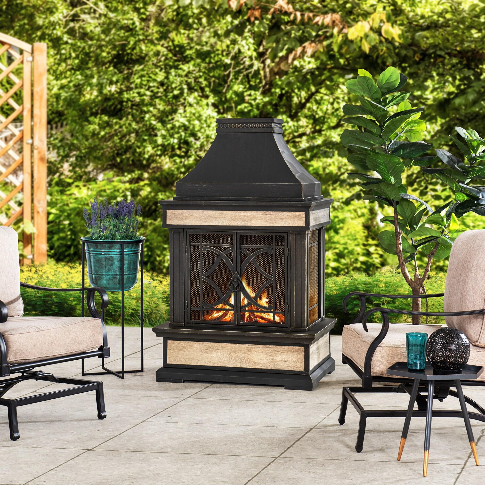 SUNJOY Outdoor 57 inch Steel Wood Burning Fireplace with Fire Poker and Rain Cover