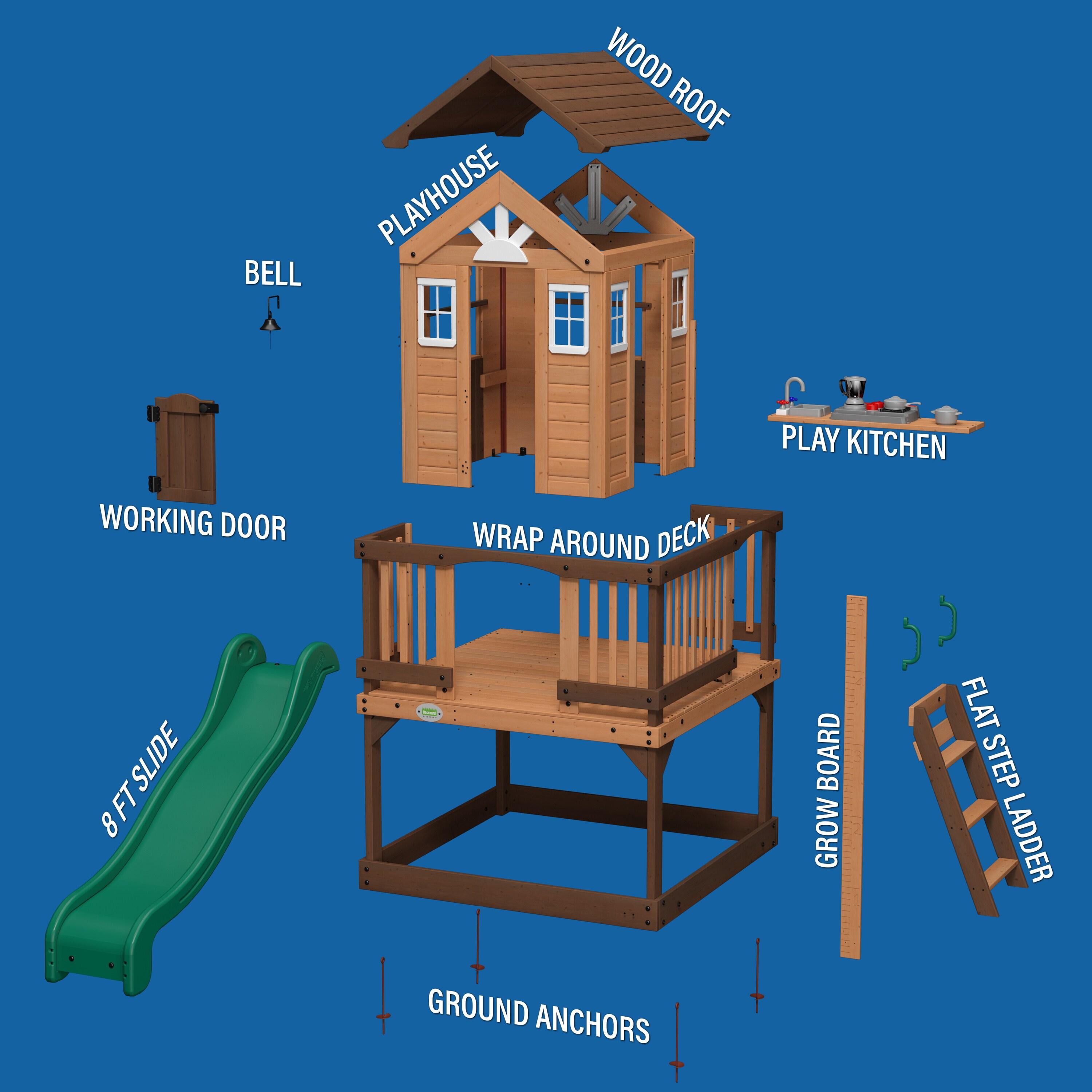 Backyard Discovery Echo Heights Cedar Wooden Elevated Playhouse, Slide, Play Kitchen